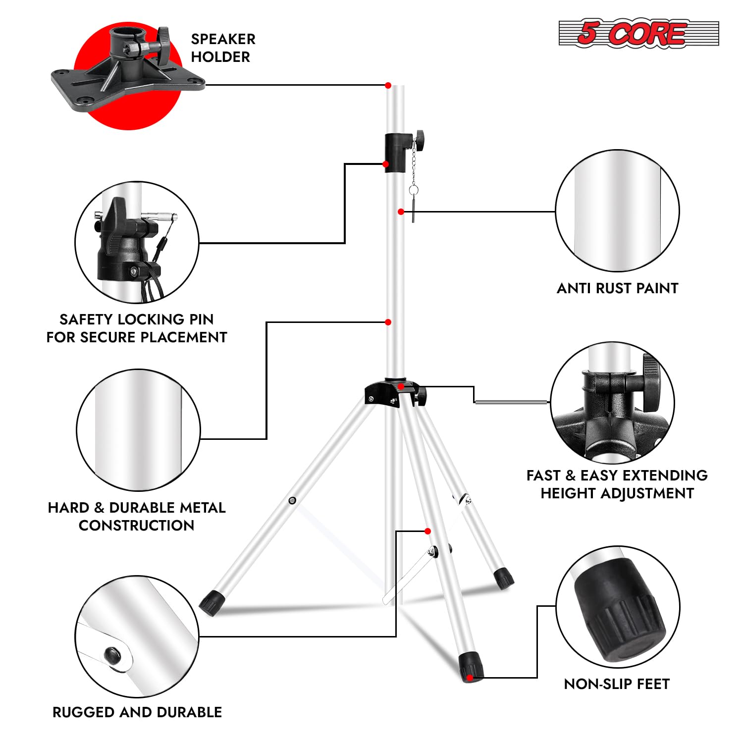 5 Core Speaker Stand Tripod Pair Adjustable PA DJ Universal Pole Mount