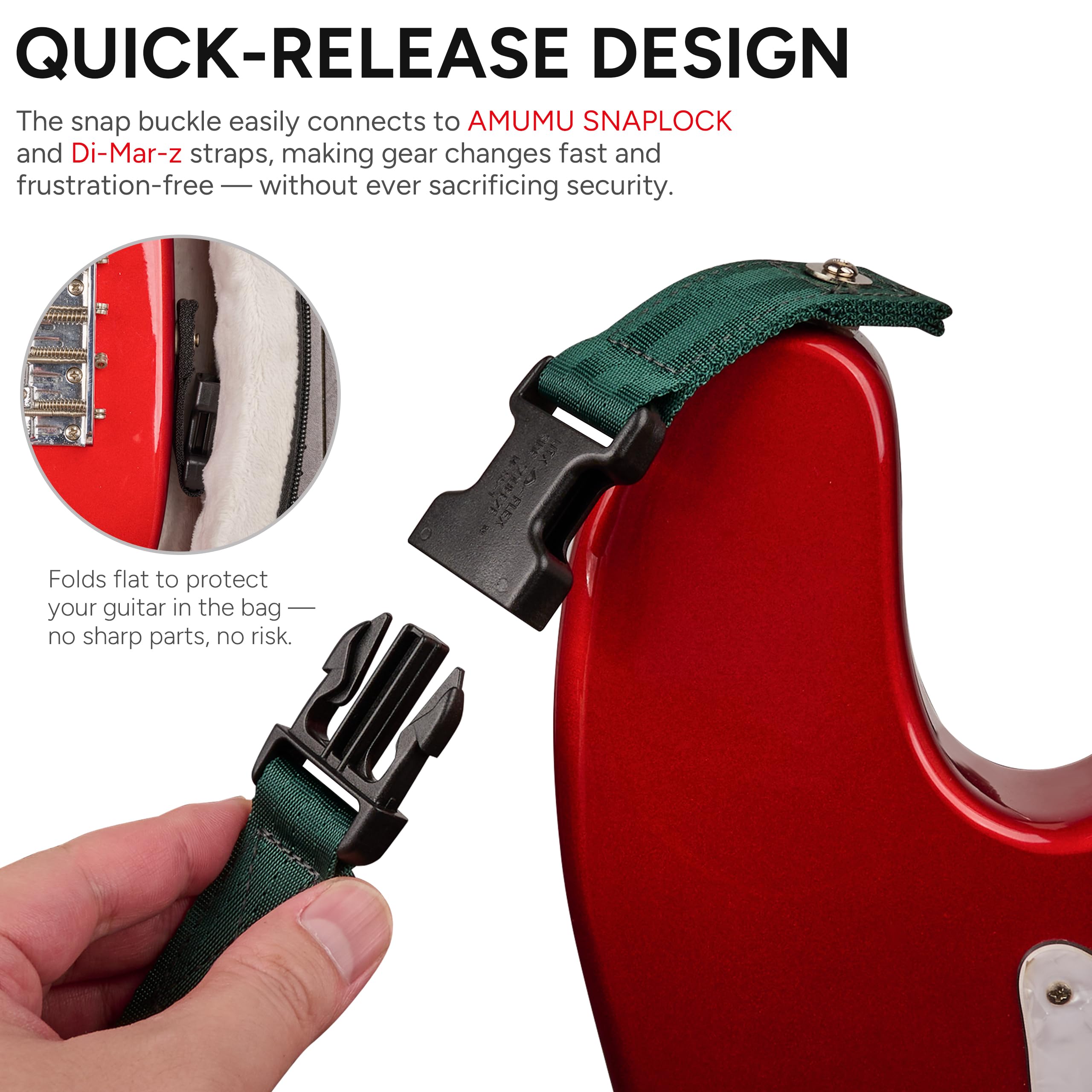 Amumu SNAPLOCK Pro Guitar Strap – Quick-Release Buckle, Screw Fasten Ends, Quick-Fetch Pick Holder, Adjustable 38″-57″, Fits Bass, Electric Guitars, Gift for Guitarists, Emerald Green