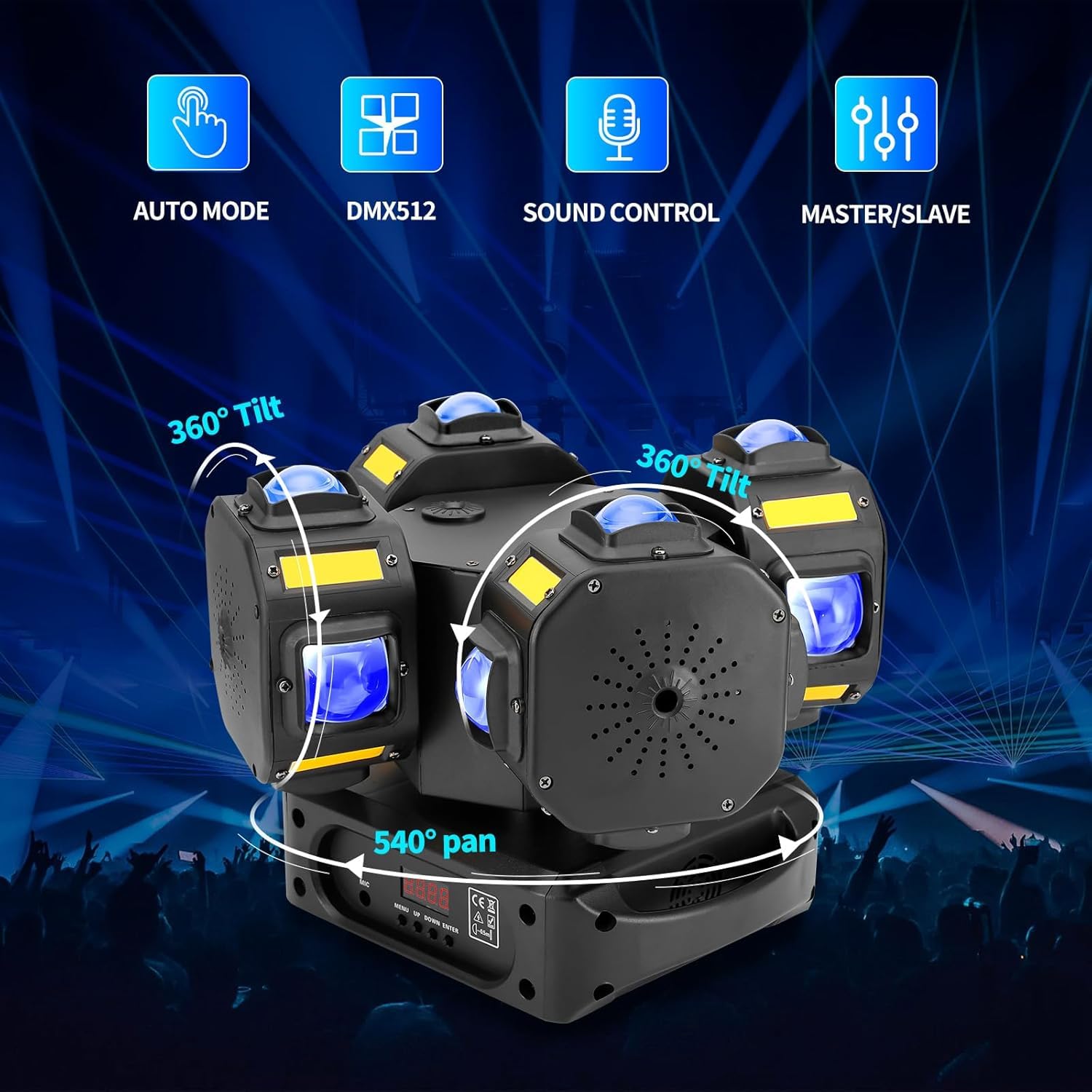 Moving Head DJ Lights 200W LED with 4 Rotating Head,16X10W RGBW 4-in-1 Multiple Effects Changing for Disco Parties Wedding Live Show KTV Club, Controlled by 19CH DMX-512/Sound Activated