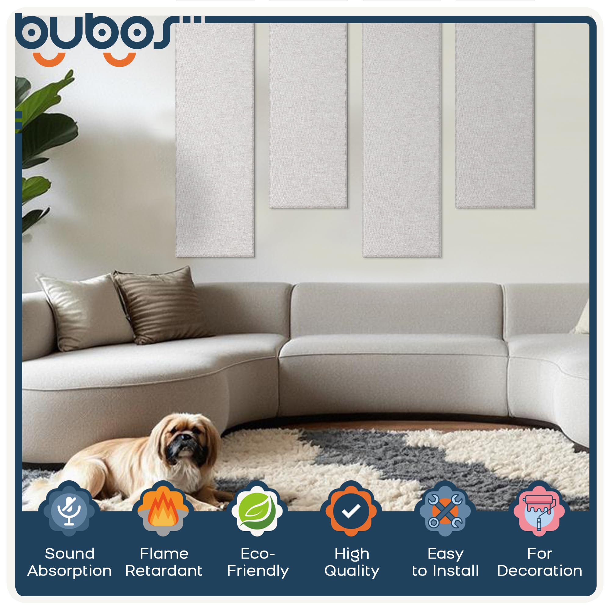 BUBOS 2-Pack Fabric Acoustic Panels 47.2×11.8×1″, Self-Adhesive Sound Panel
