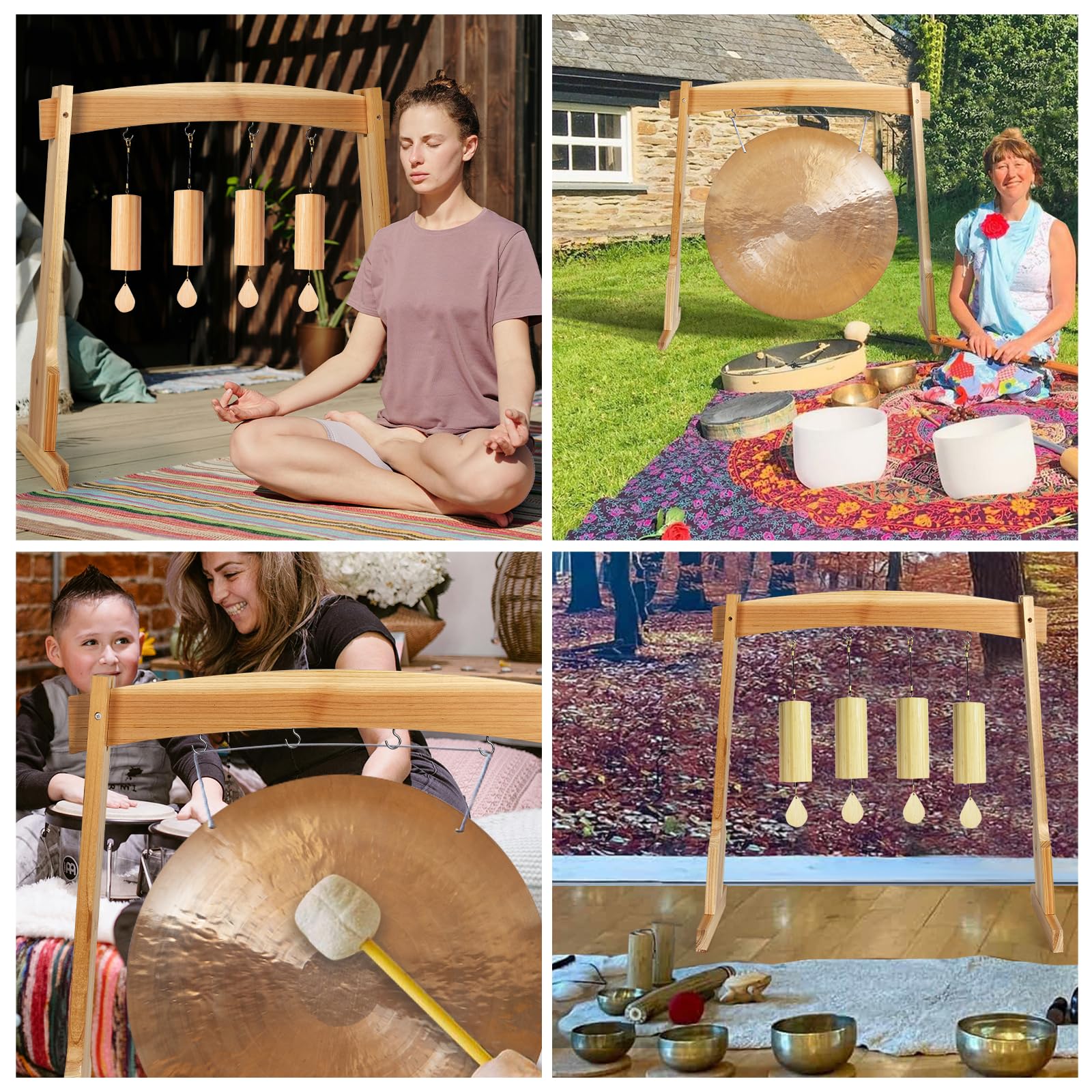 Amcortn 14″ Gong Stands, Wind Chimes Wood Stand with Base for 1 Gong or 4 Chimes, Light & Portable Multipurpose Stand, Easy Assembly for Sound Healing, Meditation, Yoga