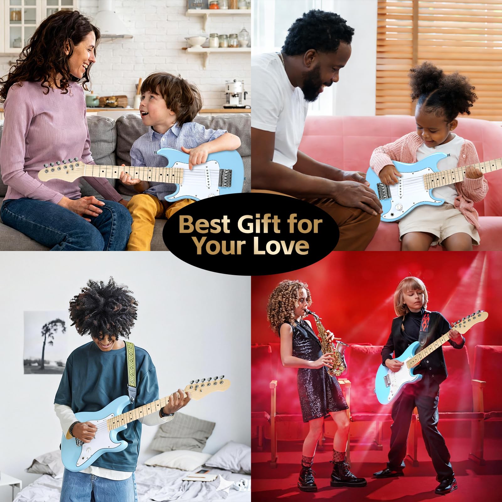 GOLDRIFF 30in Kids Electric Guitar Starter Kit for Beginners, Mini Electric Guitar with 5W Amp, Gig Bag, Strap, Extra Strings, Cable, 6 Picks, Clean Cloth and Free Online Lessons (Blue)