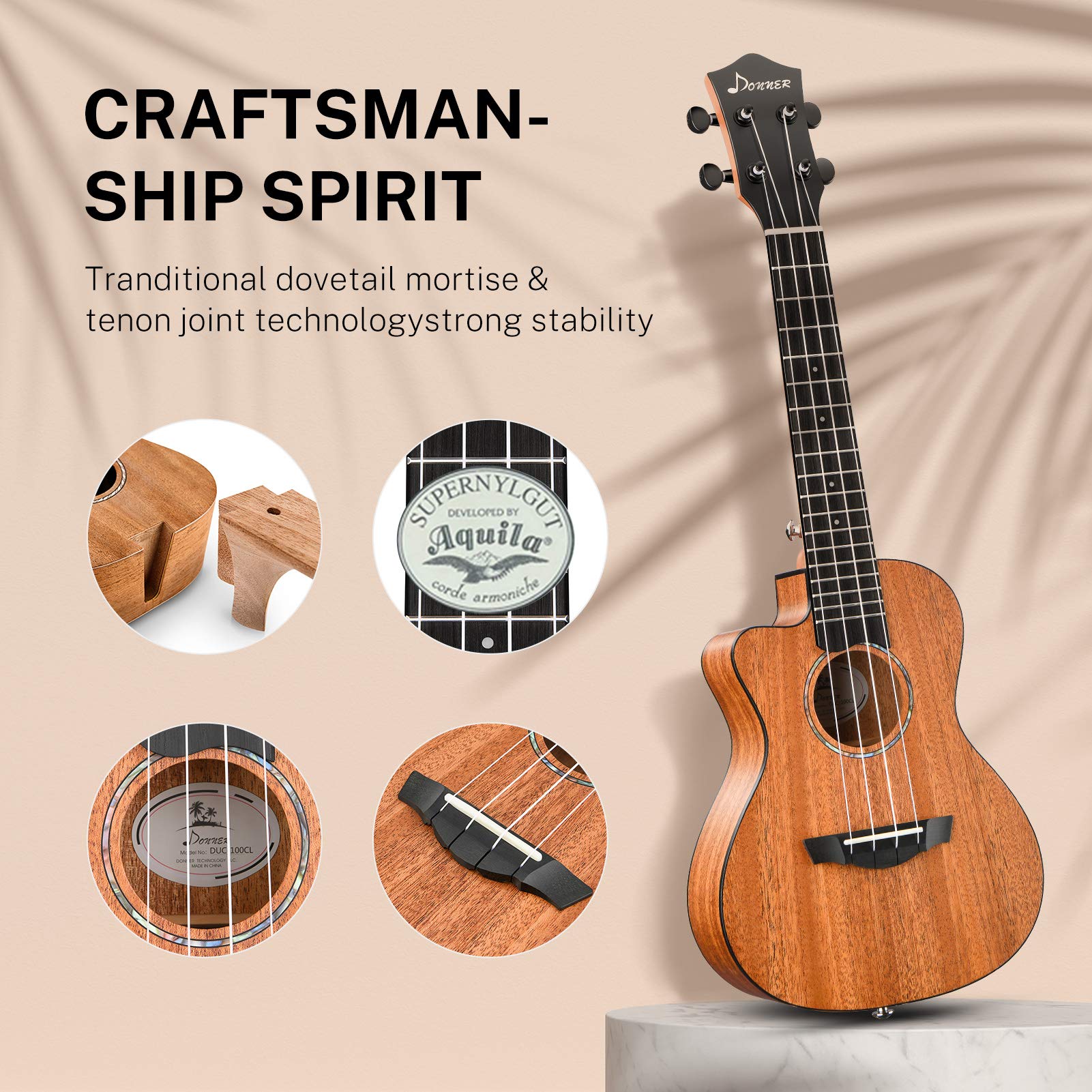 Donner Left handed Concert Ukulele Mahogany 23 Inch Professional Cutaway Ukelele Bundle Kit for Beginner Adults with Gig Bag Strap Nylon String Tuner Picks Cloth DUC-100L Ukalalee Yukalalee