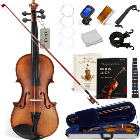 AKLOT Handcrafted Full Size Violin: Solid Wood Matte Fiddle, Acoustic Beginner 4/4 Violin Kit with Hard Case, Lesson Book, Bow, Shoulder Rest, Extra Strings, Tuner, Fretboard Stickers (VRT-AmiMS)