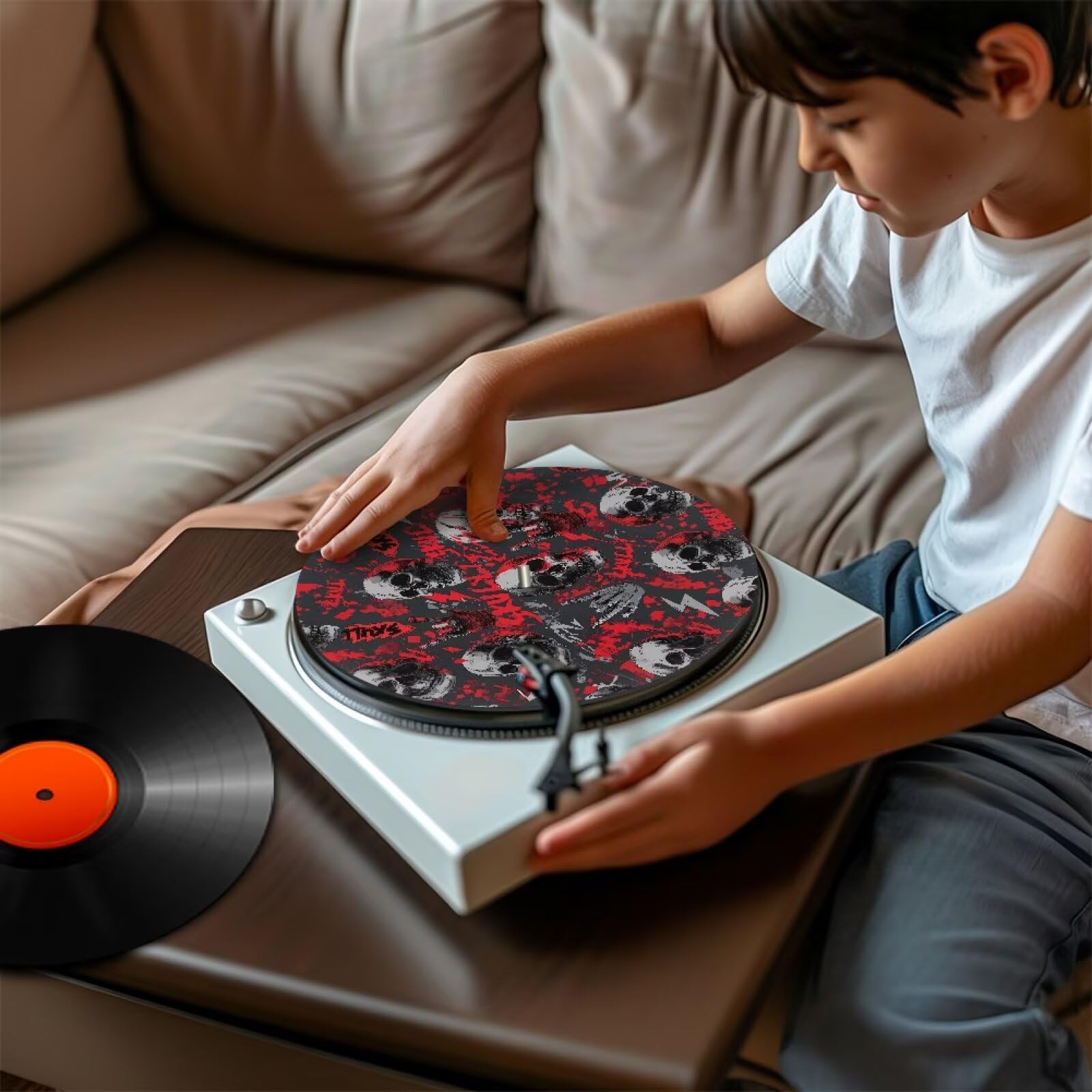 PJHEQOXE Turntable Mat,11.6 Inch,Halloween Skull Print Red