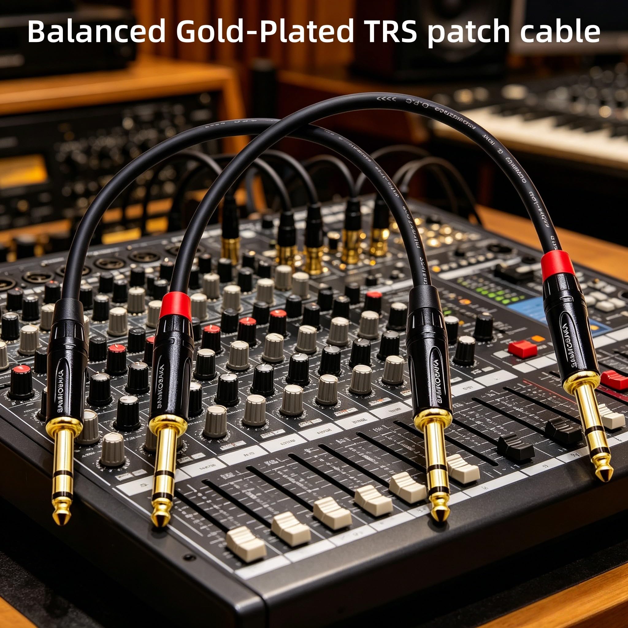 Samkosaca 1/4 Inch TRS Cable 1 Foot 2-Pack, 6.35mm Balanced Male to Male Patch Cable, Gold Plated OFC Noise Rejection for Studio Monitor, Mixer, Amplifier, Keyboard, DJ Equipment, Audio Interface