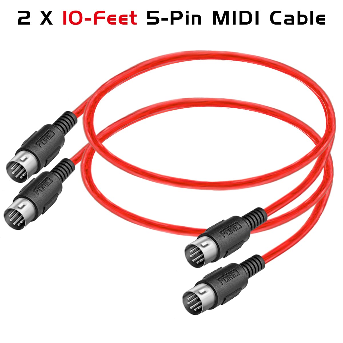 FORE 2-Pack 10 Feet MIDI Cable Straight-Angle 5-Pin DIN Compatible with MIDI Keyboard/Synthesizer/Guitar Multi Effects/Audio Interface/Audio Mixer/Auido Amplifier/External Sound Card/Red