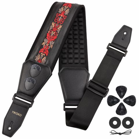 YIKOKO Bass Guitar Straps for Electric Guitar & Bass 3.6″ Wide Padded Straps, Cotton Embroidered, Adjustable Length, with 3D Sponge Filled Foam Pad, with 4 Picks and 2 Strap Locks