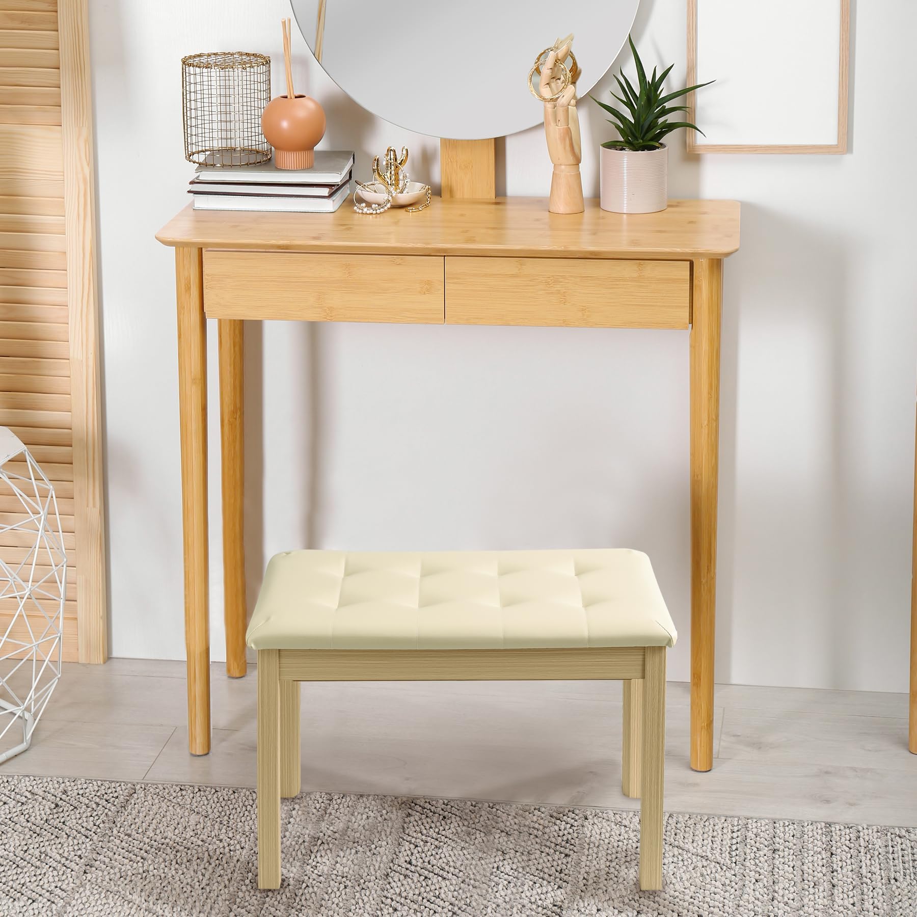 ZHRUNS Duet Piano Bench Wooden Keyboard Bench with Storage Compartment, 29”Piano Chair Seat with Padded Cushion, Long Piano Stool Beige
