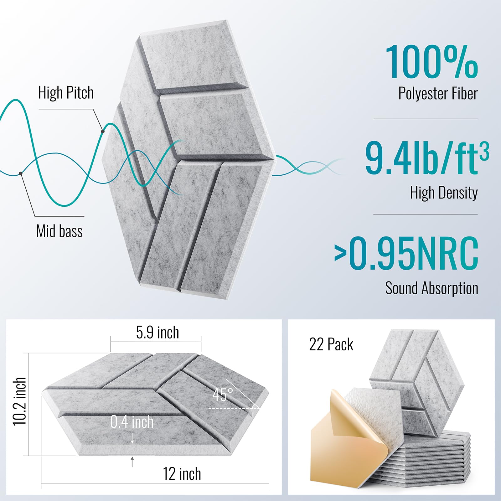 OTUOER 22Pcs Acoustic Panels with Self-adhesive, 12″X 10″X 0.4″ Sound Proof Foam Panels for Walls, Hexagonal Soundproof Wall Panels High Density, Sound Panels for Home Studio Office (Silver Gray)