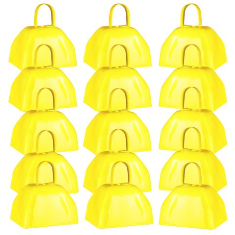 YUMYWBL 15 Pack Metal Cowbells 3 Inch Yellow Cow Bell with Handles, Small Hand Percussion Cowbell, Bulk Loud Cow Bells Noise Makers for Cheering, Sporting Events, Weddings, Concert, Farm