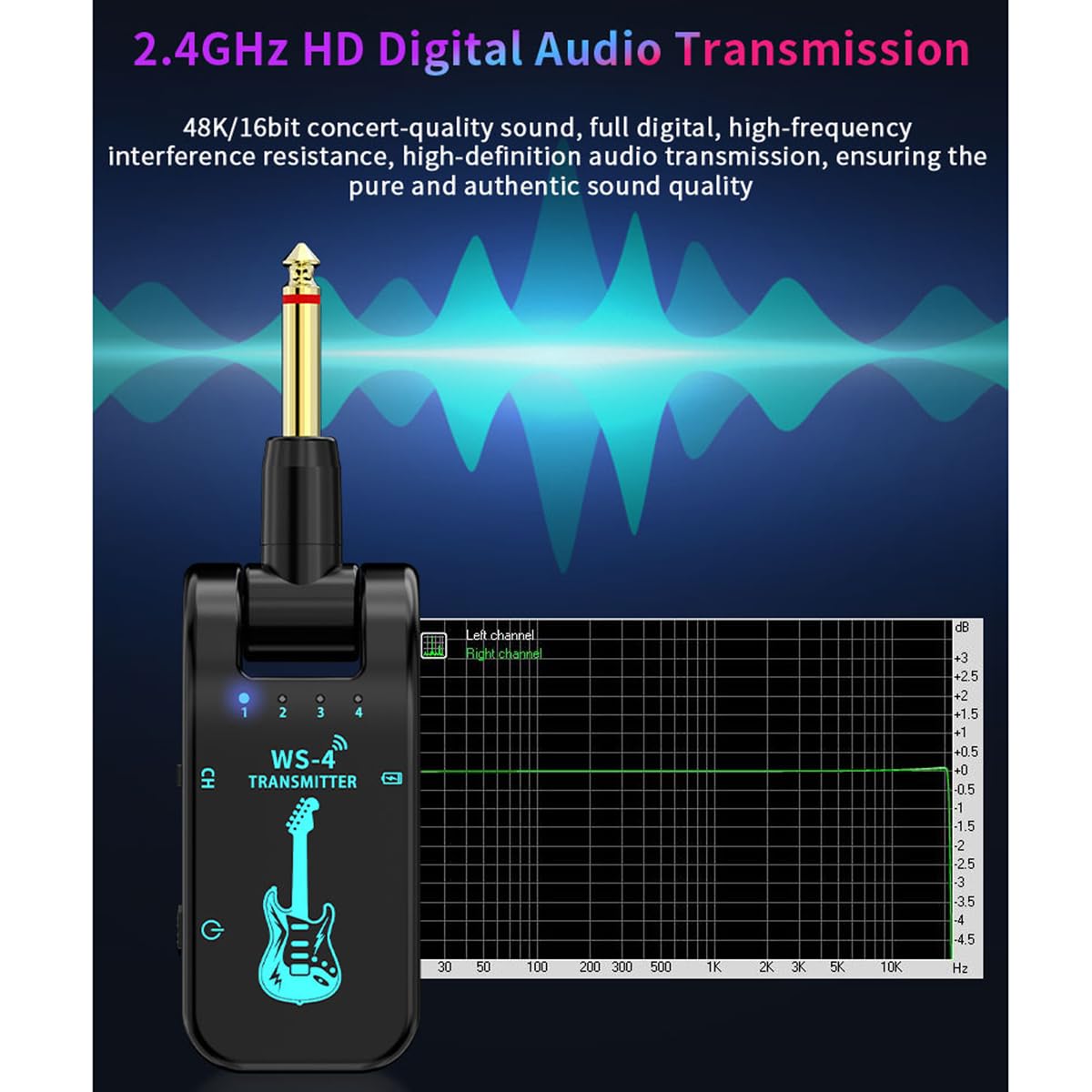 Wireless Guitar System 2.4 GHz with 8 Channels Rechargeable Audio Wireless Guitar Transmitter Receiver for Electric Guitar Bass Electric Wind Instruments,48K/16bit Real-time Transmissio (White)