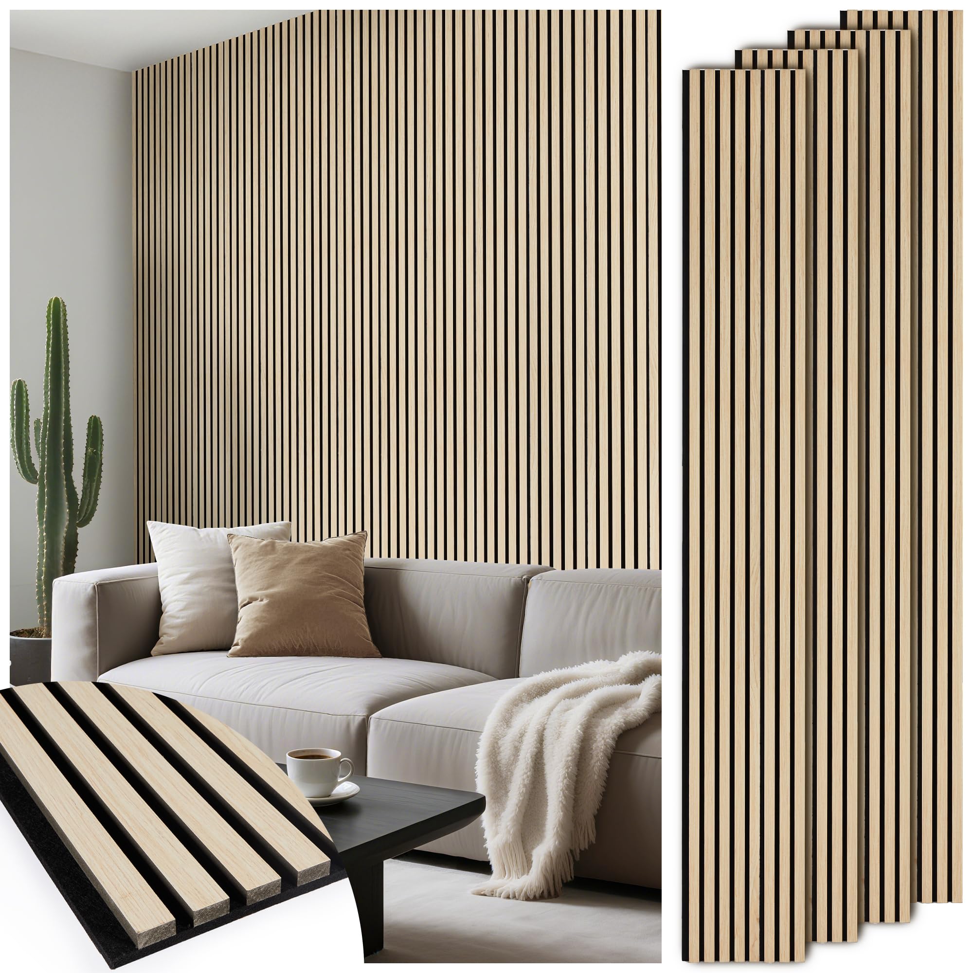 LARWORKS 4 Pack 108’’x12.6’’ Fluted Acoustic Wood Slat Wall Panels, Oak