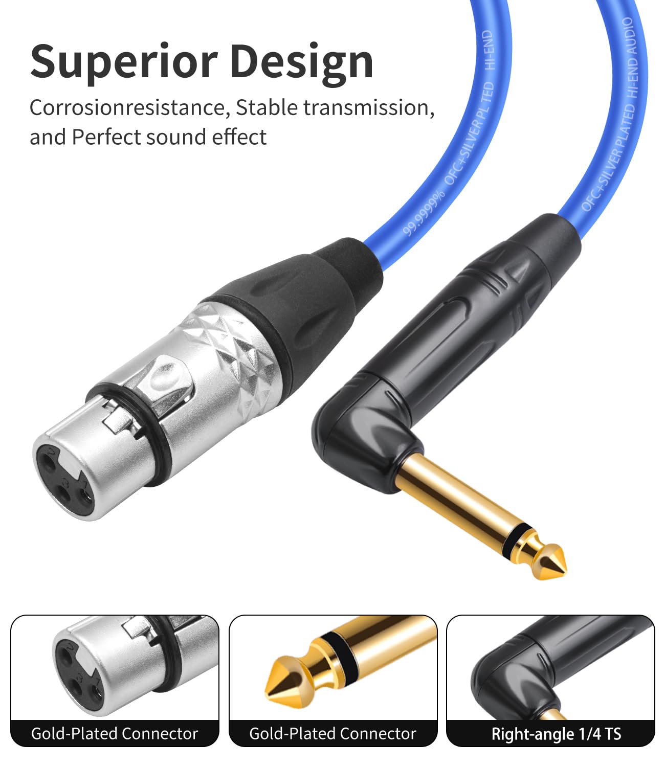 HUALEU 2Pack XLR Female to 1/4 TS Right Angle,6.35mm Mono 1/4 TS Right Angle to 3Pin XLR Female Audio Cable,20AWG 6N OFC+Silver Plated HI-END Audio Cable-6Feet
