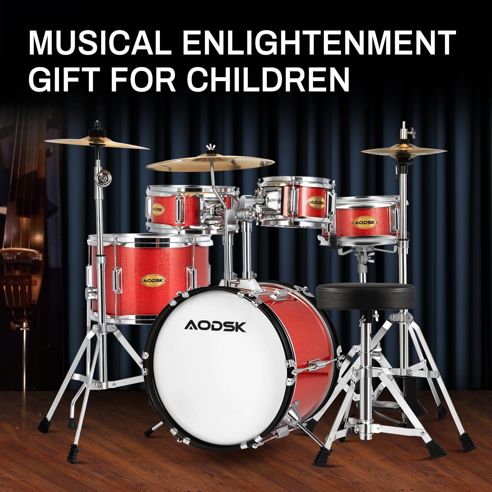 AODSK 5-Piece 14″ Junior Drum Set with Throne, Cymbal Hi-Hat+Sticks, Red