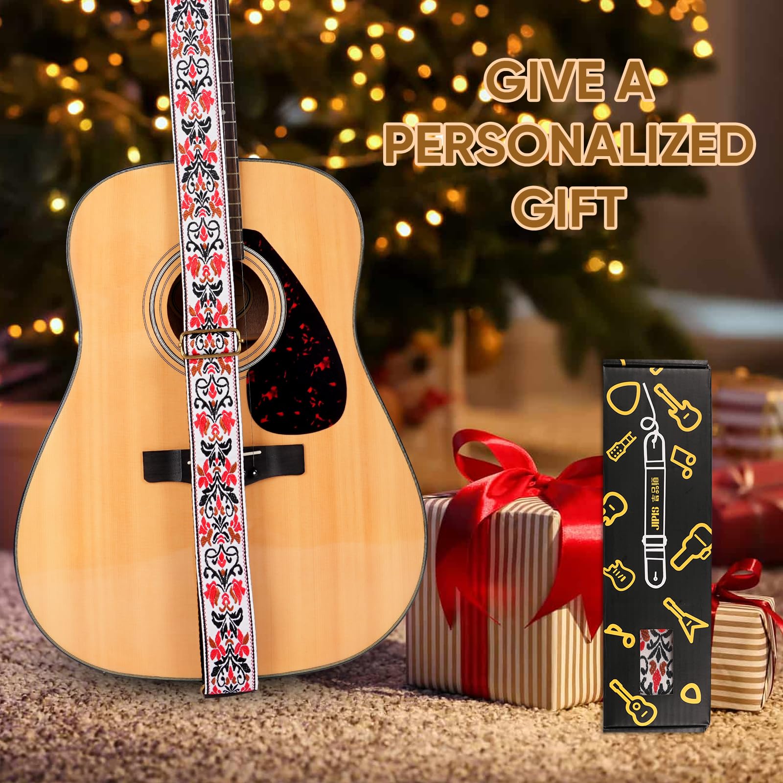 JIPIS Guitar Strap,Jacquard Cotton Guitar Straps with Real Leather Ends for Acoustic,Electric Guitars and Bass,with Free 1 Head strap, 2 Anti Slip Buckle and 3 Guitar Picks (GS-75-2 Red Jacquard)