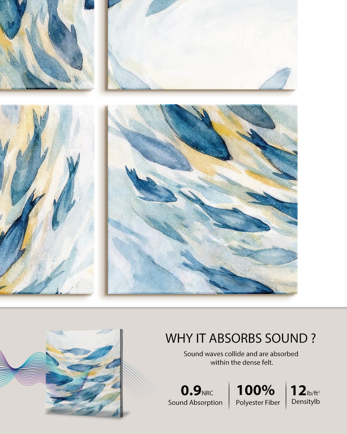 InSimSea Acoustic Wall Art, 72x48in, Ocean Watercolor Fish