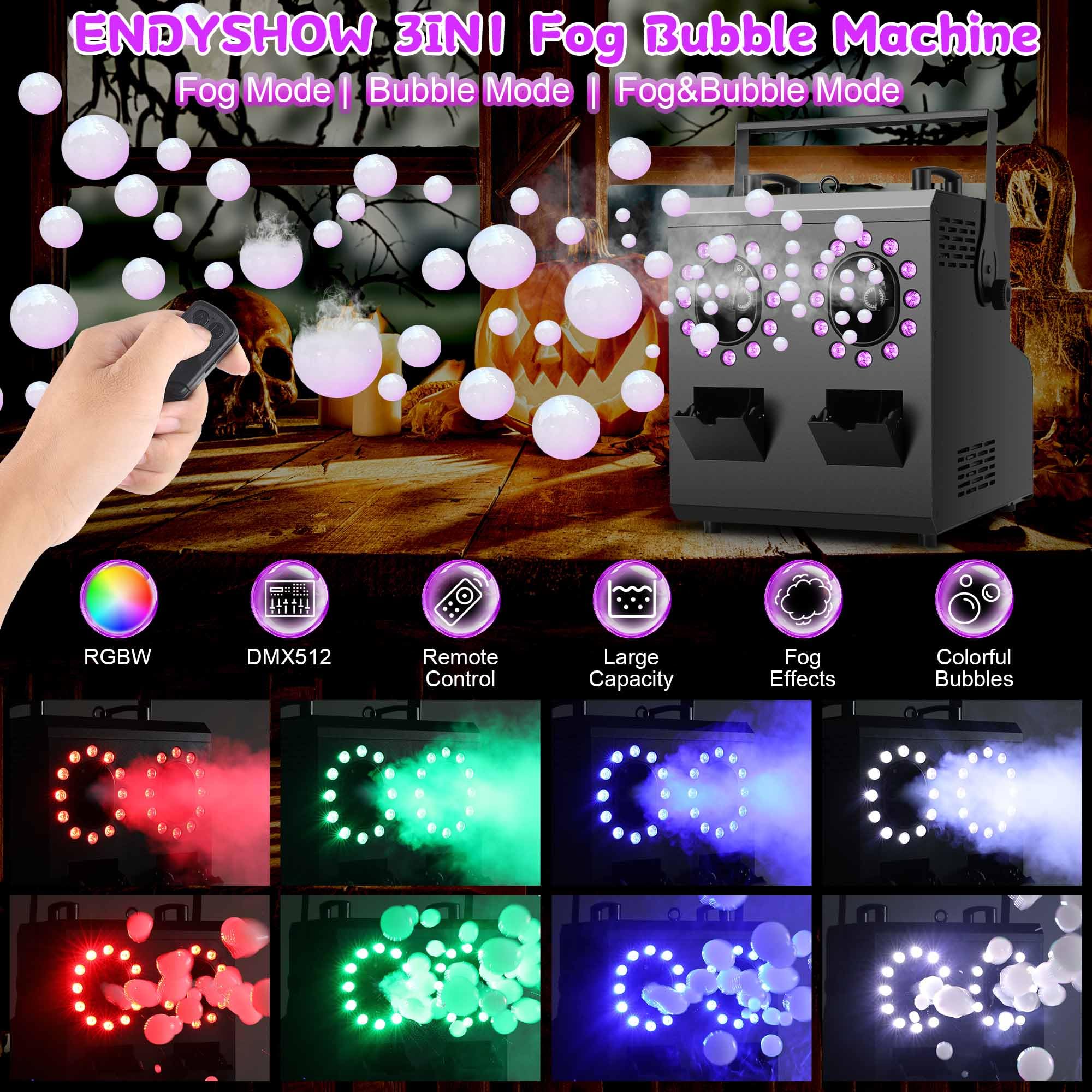 ENDYSHOW Fog Bubble Machine,1500W 3IN1 Smoke Bubble Machine with 24LEDs RGBW 4IN1 Lighting Effect Remote Control Timer Settings DMX512 for Halloween Birthday Parties Wedding Show Festival Stage
