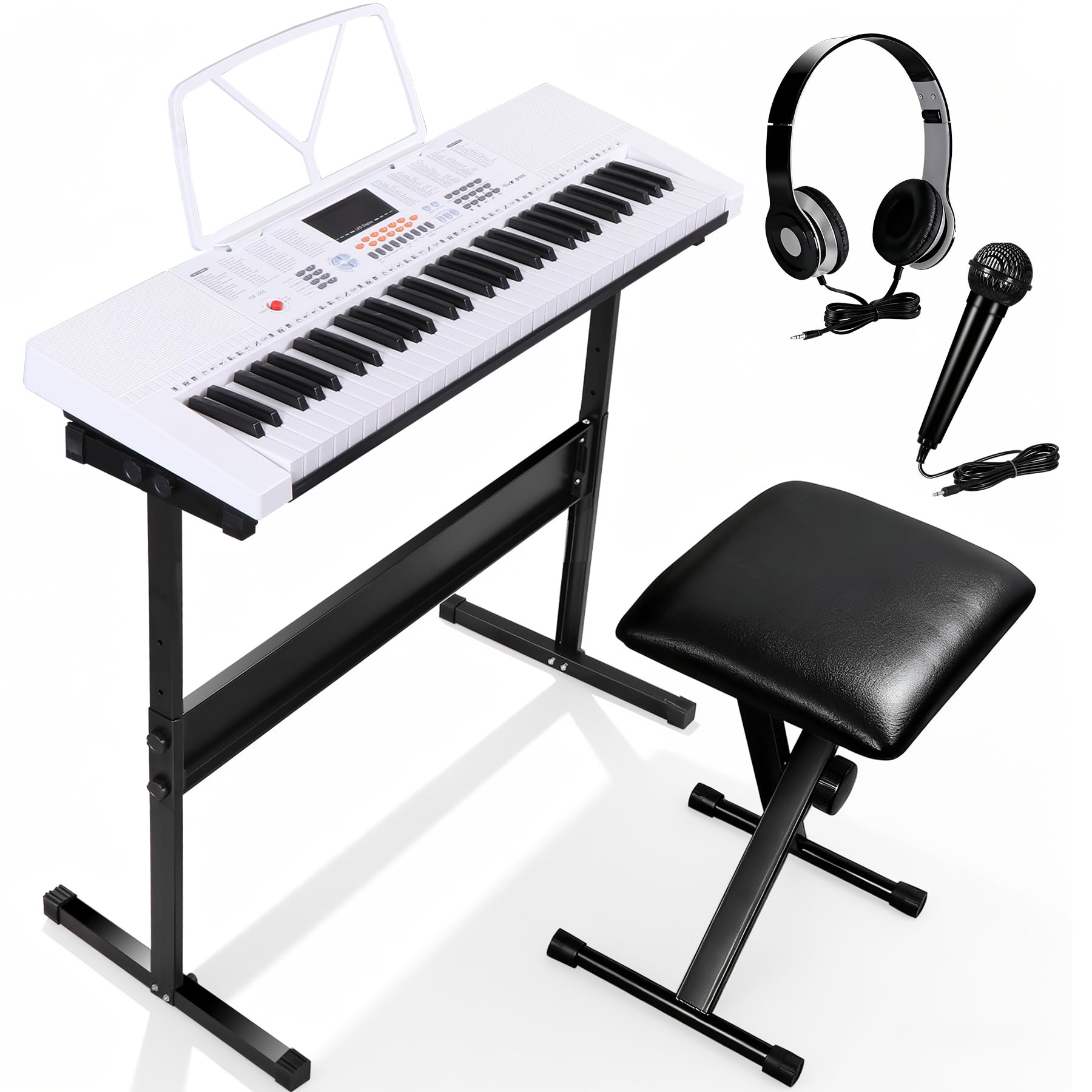 Smartxchoices 61-Key Electronic Keyboard Piano Stand Portable LED Display Keyboard Kit with Adjustable Stand, Adjustable Stool, Headphones, Microphone & Music Rest, White