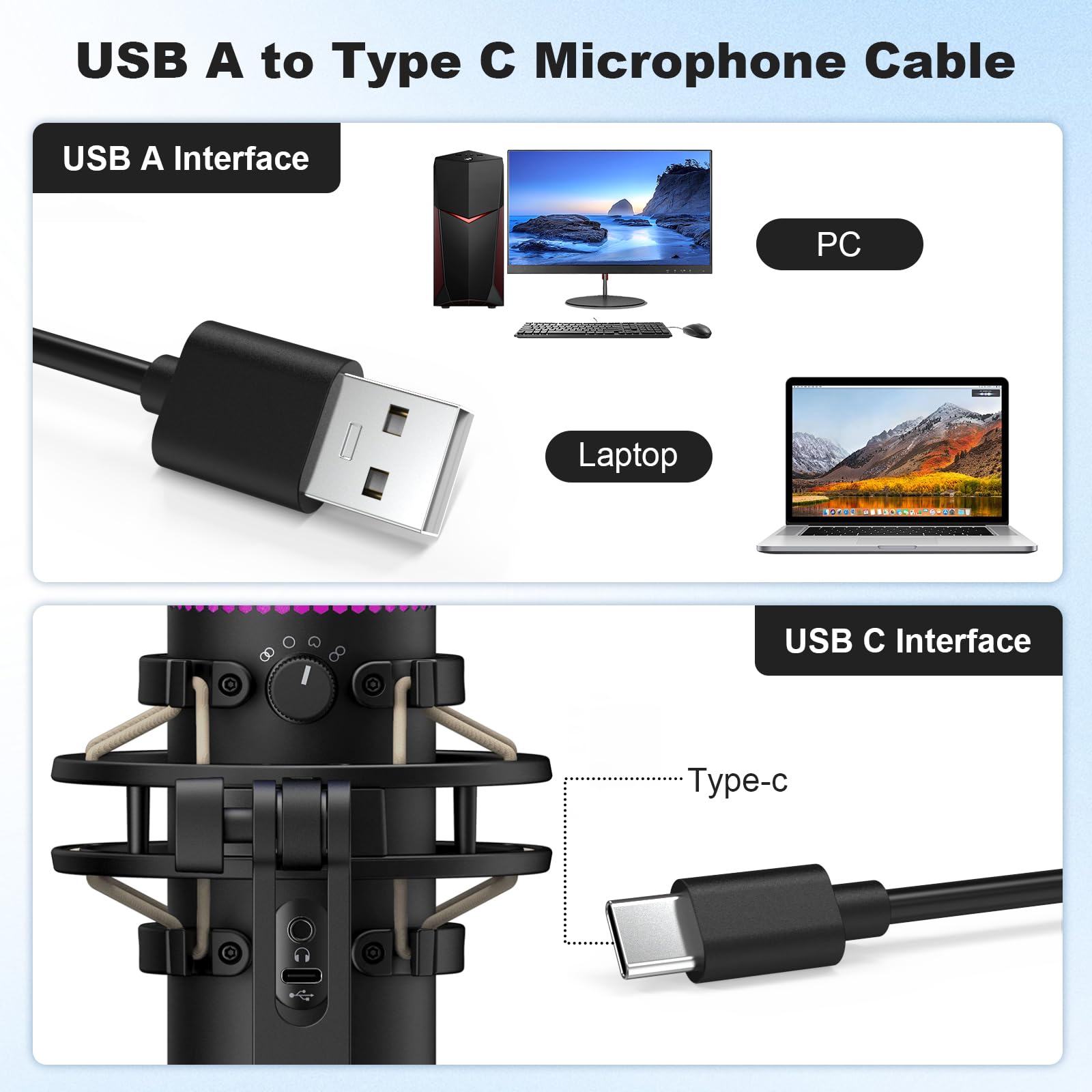 Arzweyk USB Type C Data Charging Cable Cord Compatible with HyperX QuadCast 2, SoloCast, QuadCast S USB Condenser Gaming Microphone, TONOR TC30,Elgato Wave 3 Mic 10Ft