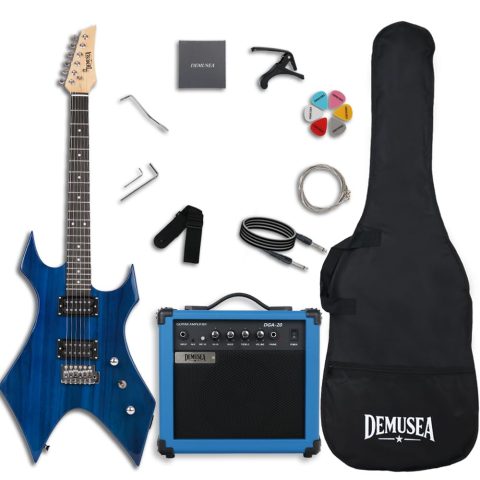 Demusea Trans Blue Electric Guitar Kit With 20W Amplifier Solid Paulownia Body Maple Neck HH Pickups Single Tremolo For Beginner Starter Practice Gigbag Strap Cable Capo (Unique Shape, Transblue)
