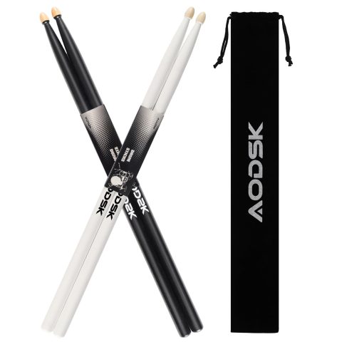 AODSK 5A Drum Sticks, Hickory Wood, Tear Drop Tip, 2 Pairs, Black & White
