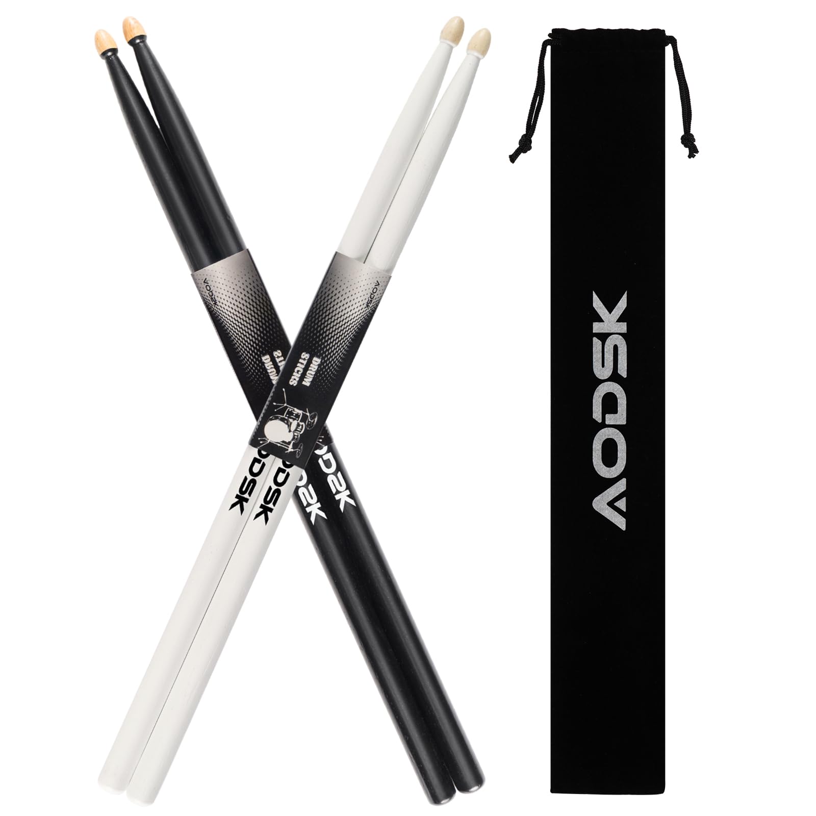AODSK 5A Drum Sticks, Hickory Wood, Tear Drop Tip, 2 Pairs, Black & White