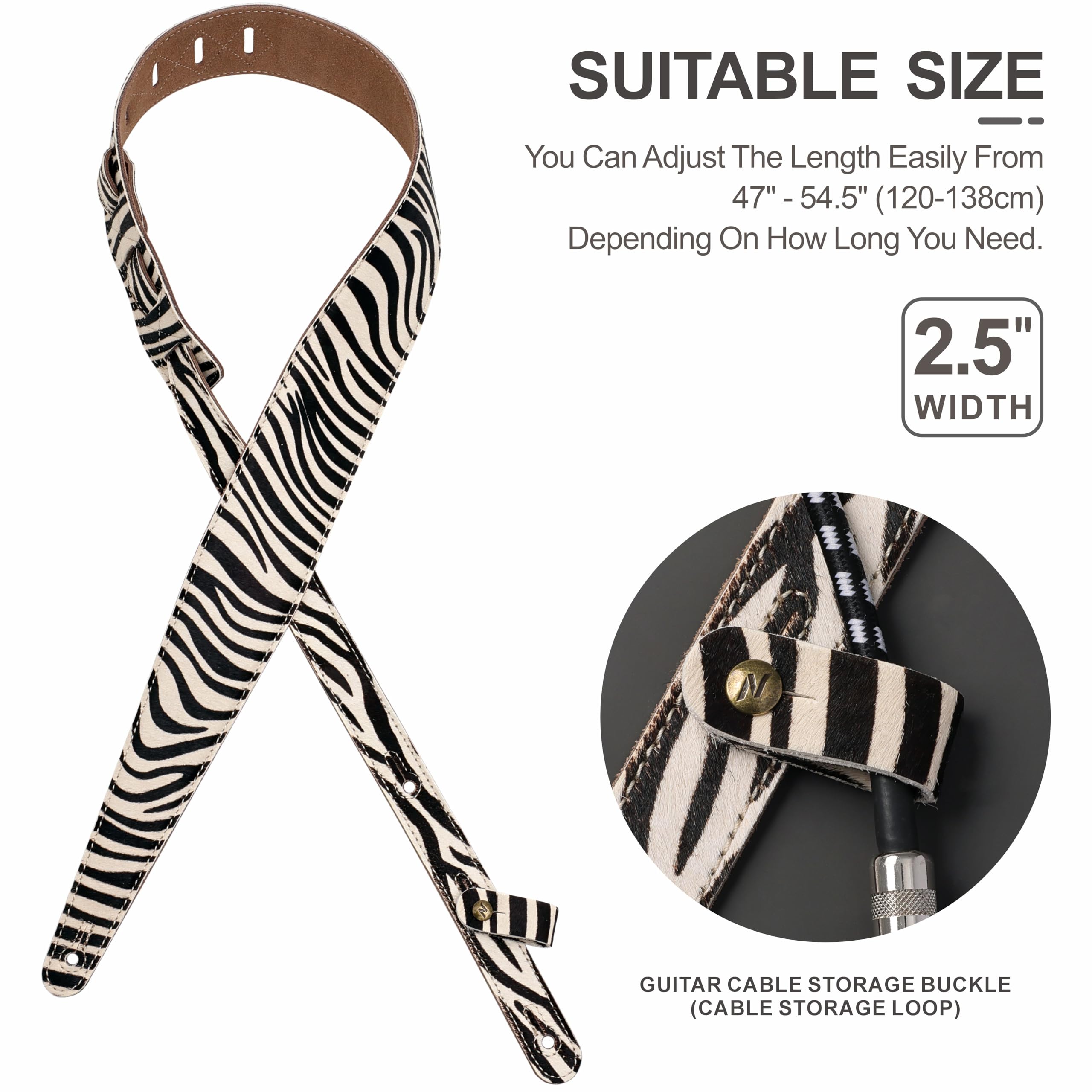 Nefelibata Guitar Strap 2.5″ Zebra print Horsehair Leather Guitar Straps with Foam Padding for Bass, Electric, and Acoustic Guitars