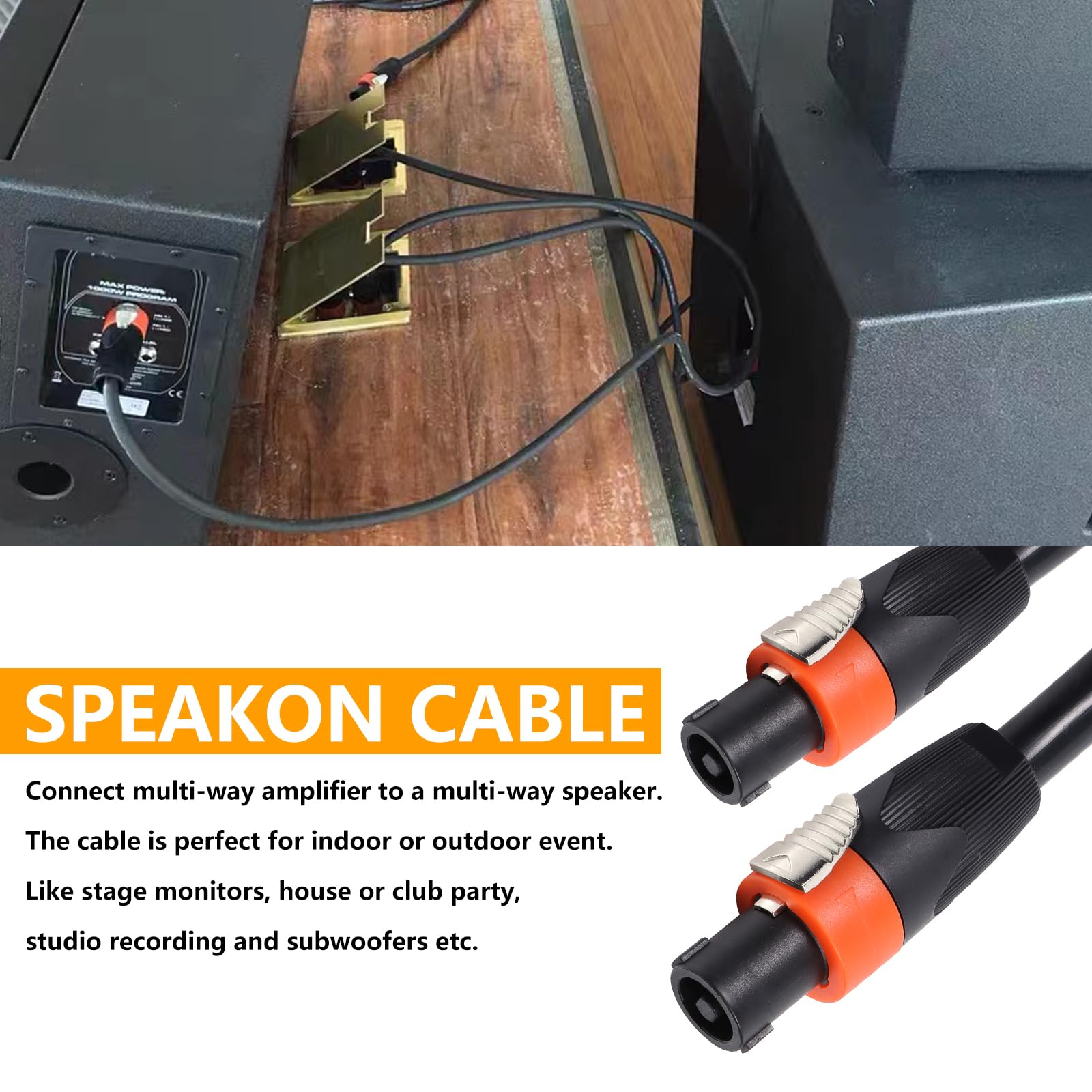 HBU 3 Feet Pack of 2 True 4 Conductor Speakon Cables – 4 Pole Speak-ON to SpeakON Cable – 12 AWG PA DJ Stage Amplifier to Cabinet Interconnect Wire with Twist Lock (3Ft, 2-Packs)