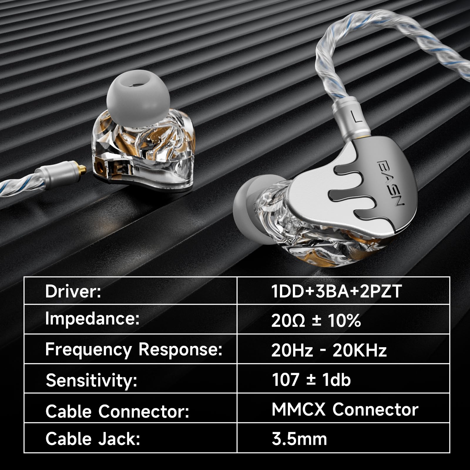 BASN BmasterX 6-Driver In Ear Monitor Headphones for Musicians, Black-White