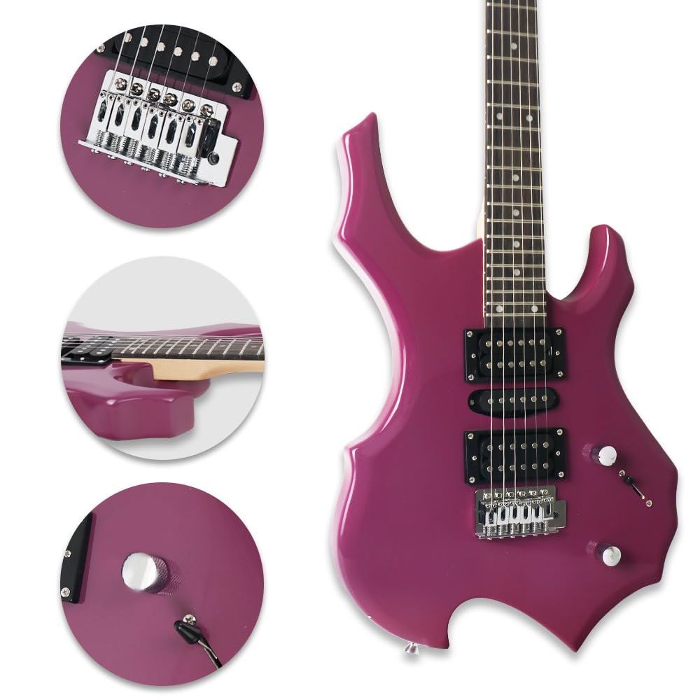 Demusea Purple Color Unique Cool Shape Electric Guitar Beginner Kit With Non-Rechargeable 20W Amp HSH Pickup 24Fret 25.5 Inch Scale Length 1V 1T 5Ways Toggle Solid Body Maple Neck Full Accessories In