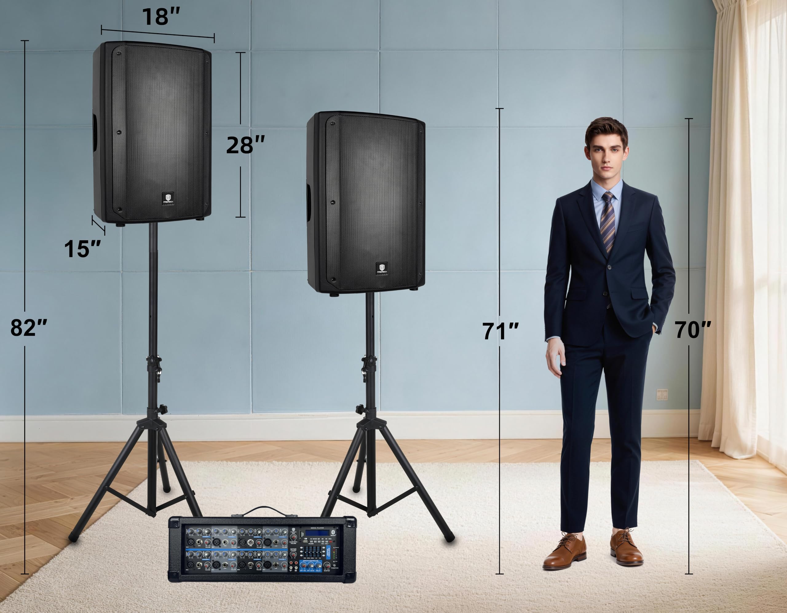PRORECK Delta 158 2400W Bluetooth PA Speaker System with 8-Channel Powered Mixer, 2 15-Inch Passive Speakers, Stands, Reverb Effects, 15V Phantom Power. Perfect for DJs, Bands, Karaoke, Live Events.