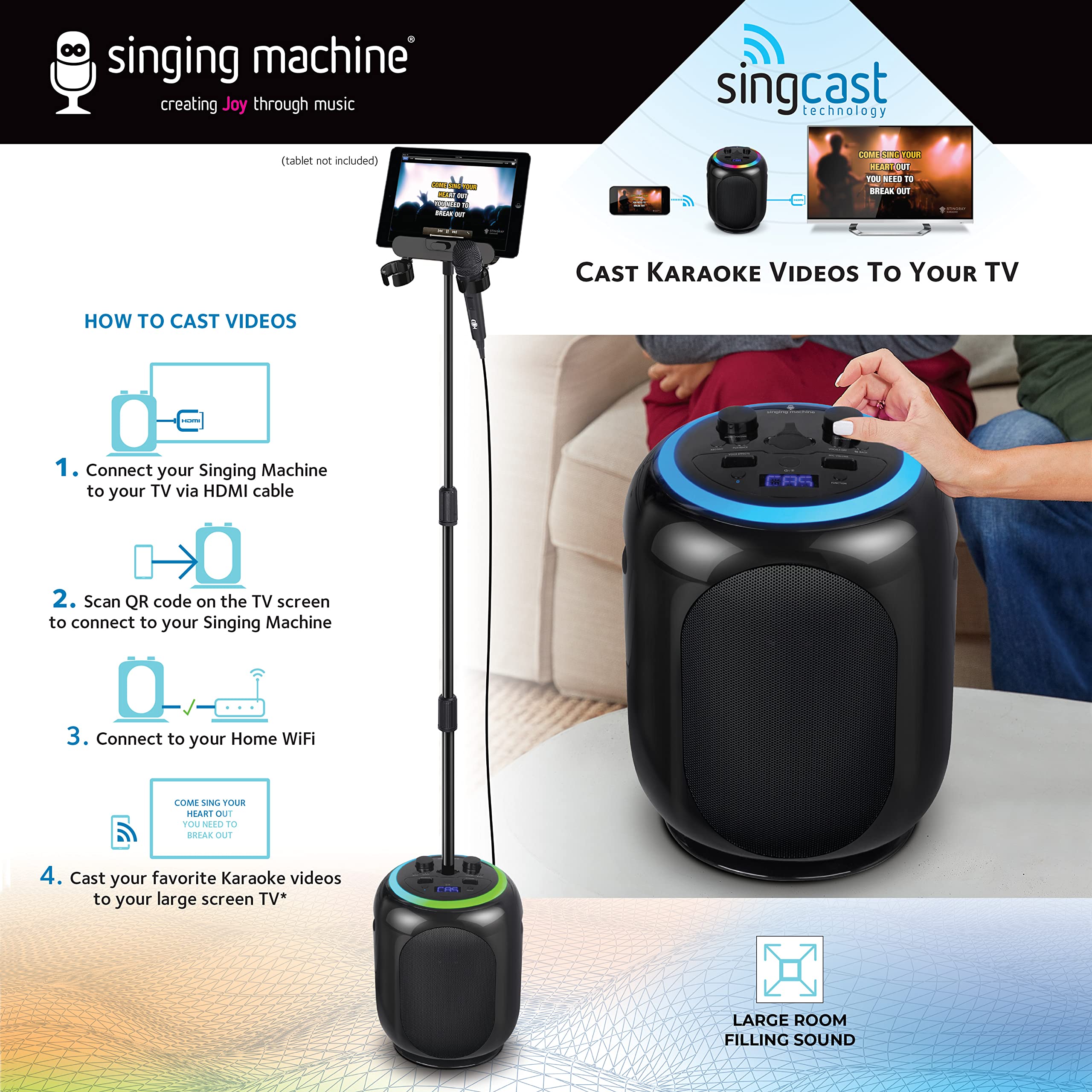 Singing Machine SingCast MAX Bluetooth Video Casting Karaoke Machine, Party Speaker, Microphone, 22 Voice Effects, Pitch Correction, Lights, Stand, 35W Sound for PA System Function for Adults & Kids