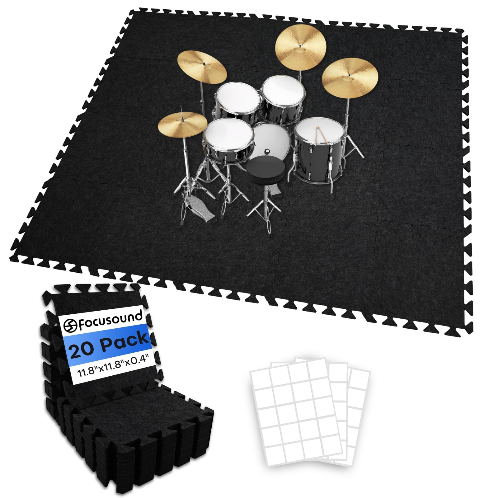 Focusound 20Pcs Sound Absorbing Interlocking Drum Rug, 11.8 x 11.8 x 0.4 inches High Density Soundproof Floor Mats, Non-Slip Anti Vibration Piano Carpet Drum Mat for Music Studio, Black