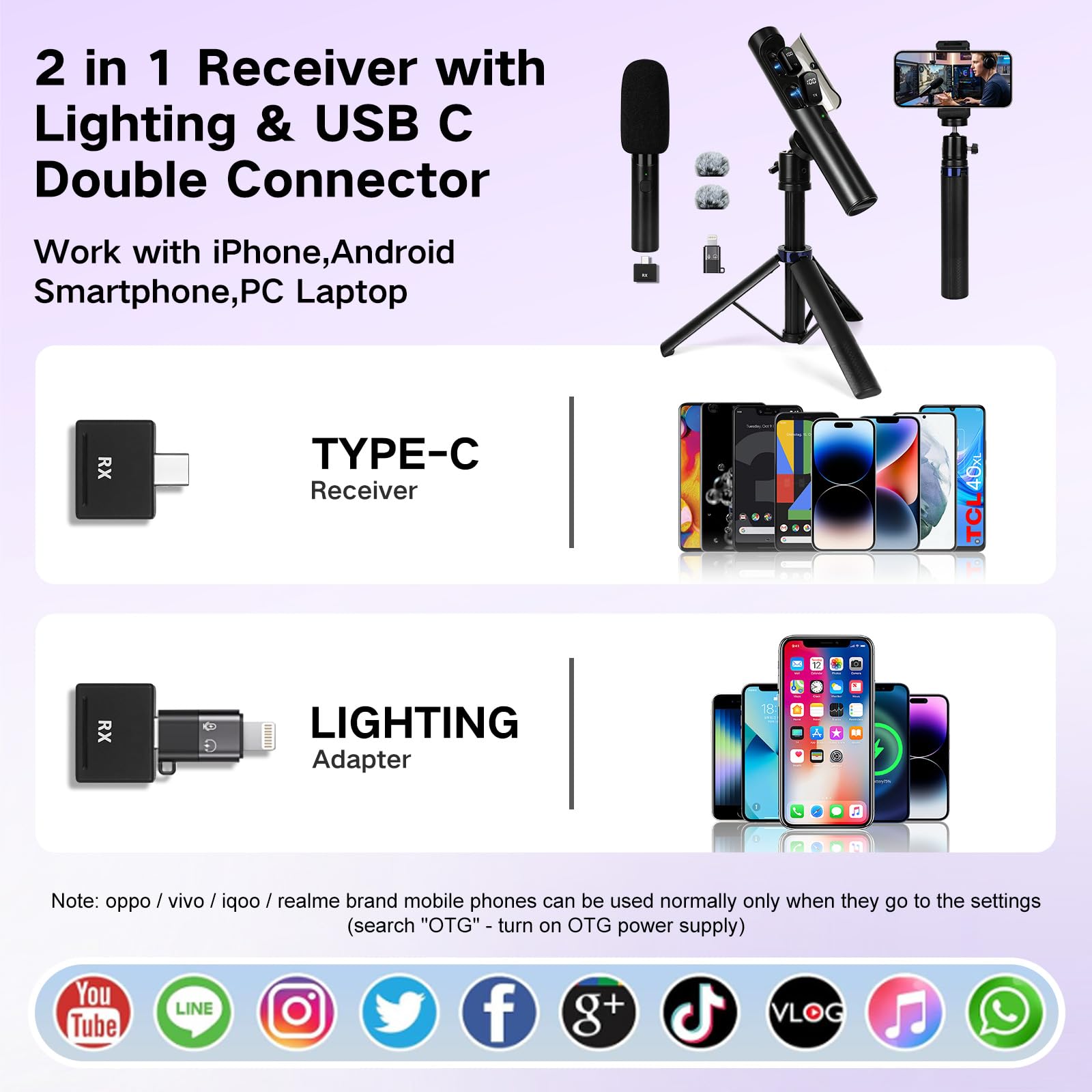 YUANRAN 4-in-1 Mini Wireless Lavalier Microphone & Desk Stand,Interview Handheld Microphone for iPhone/Android/Tablets,Mini Mic with Charging Case for Podcast,Streaming
