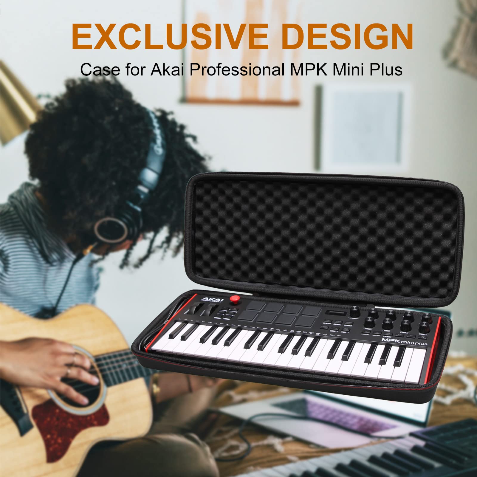 LTGEM Hard Travel Case for Akai Professional MPK Mini Plus USB MIDI Keyboard Controller with 37 Mini Keys – Protective Carrying Storage Bag (Black+Black)