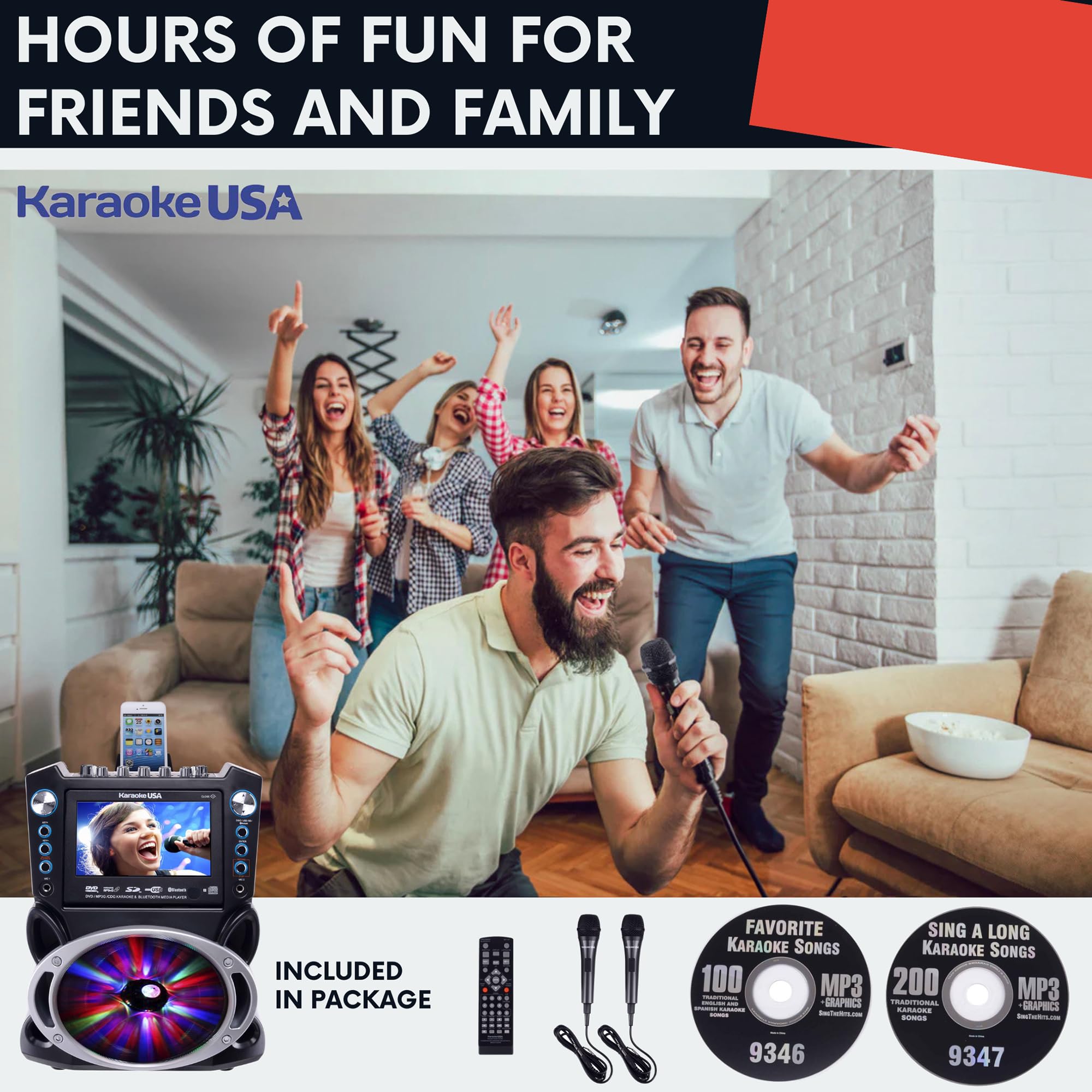 Karaoke Machine with Lyrics Display 7″ Screen. CD+G, DVD, MP3+G, MP3, CD & USB. Wireless Bluetooth Speaker with LED Disco Lights. Includes 2 Wired Microphones and 2 Bonus Karaoke Discs By Karaoke USA
