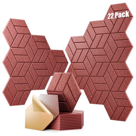 OTUOER 22Pcs Acoustic Panels with Self-adhesive, 12″X 10″X 0.4″ Sound Proof Foam Panels for Walls, Hexagonal Soundproof Wall Panels High Density, Sound Panels for Home Studio Office (Red)