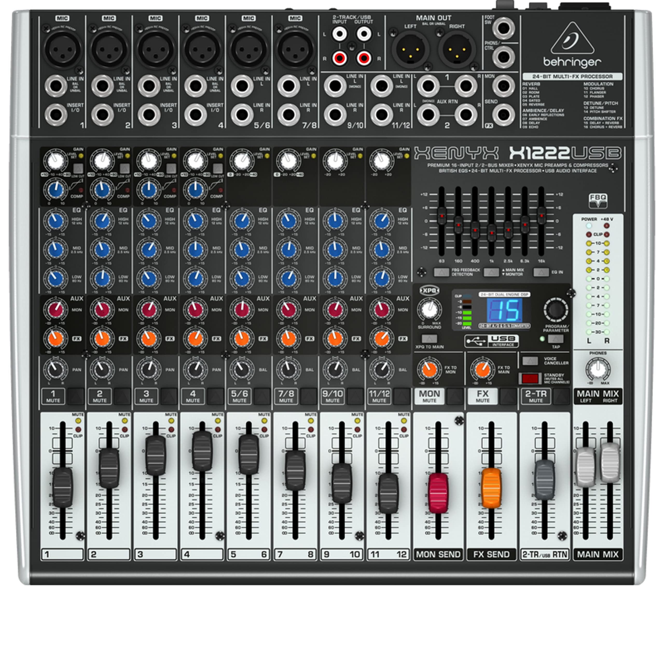 Behringer XENYX X1222USB Premium 16-Input 2/2-Bus Mixer with XENYX Mic Preamps and Compressors, British EQ, 24-Bit Multi-FX Processor and USB/Audio Interface