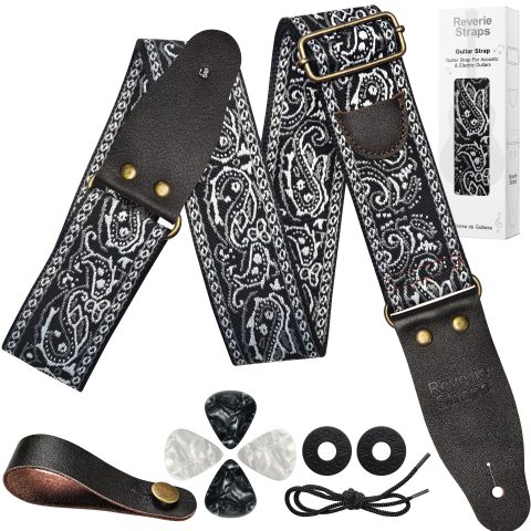 72 Inch Guitar Strap, Vintage Black White Paisley Jacquard Woven Adjustable Strap with Premium Genuine Cowhide Leather Ends, Strap Locks & Picks for Acoustic Electric Bass (Black and white)