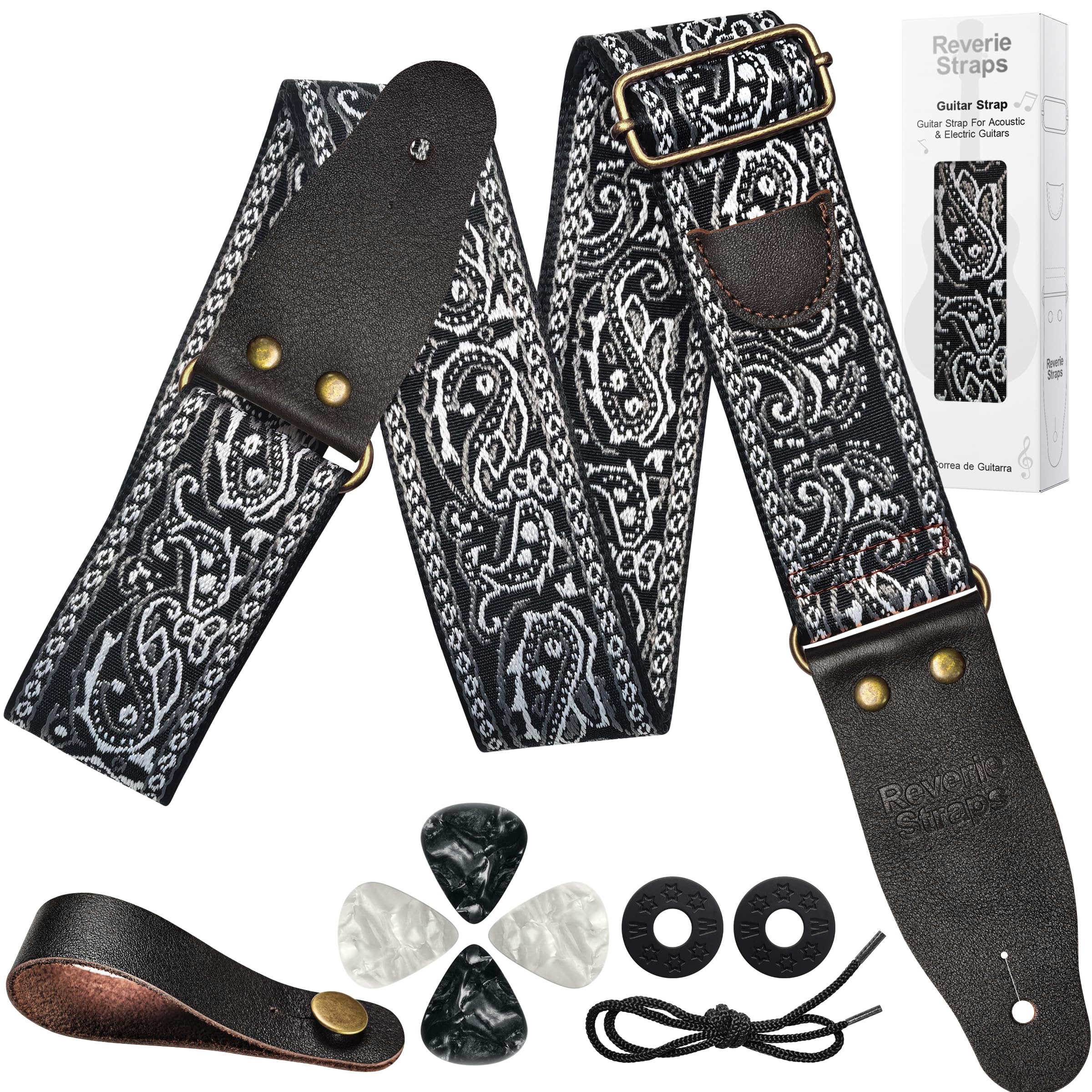 72 Inch Guitar Strap, Vintage Black White Paisley Jacquard Woven Adjustable Strap with Premium Genuine Cowhide Leather Ends, Strap Locks & Picks for Acoustic Electric Bass (Black and white)