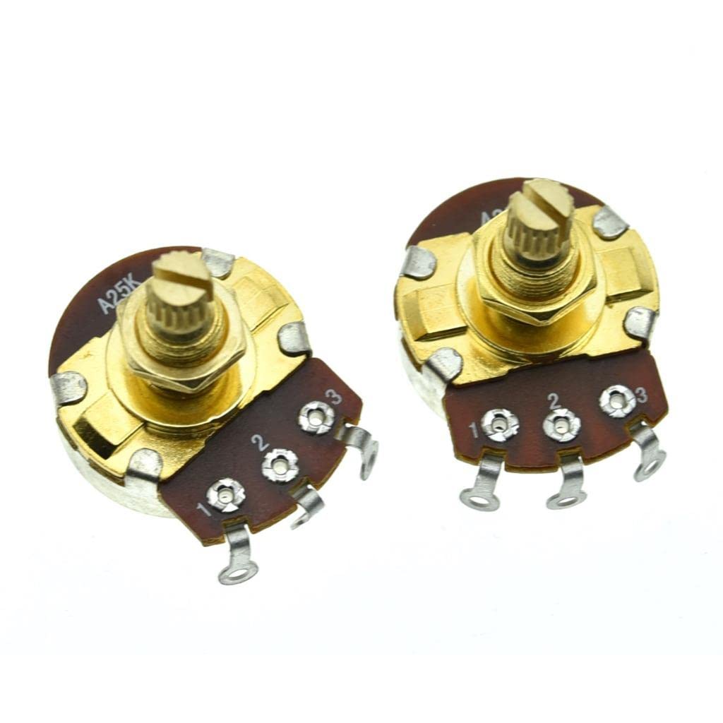 KAISH Pack of 2 Full Size Metric Guitar Bass Pots with 18mm Brass Shaft Audio Taper Potentiometers A25K