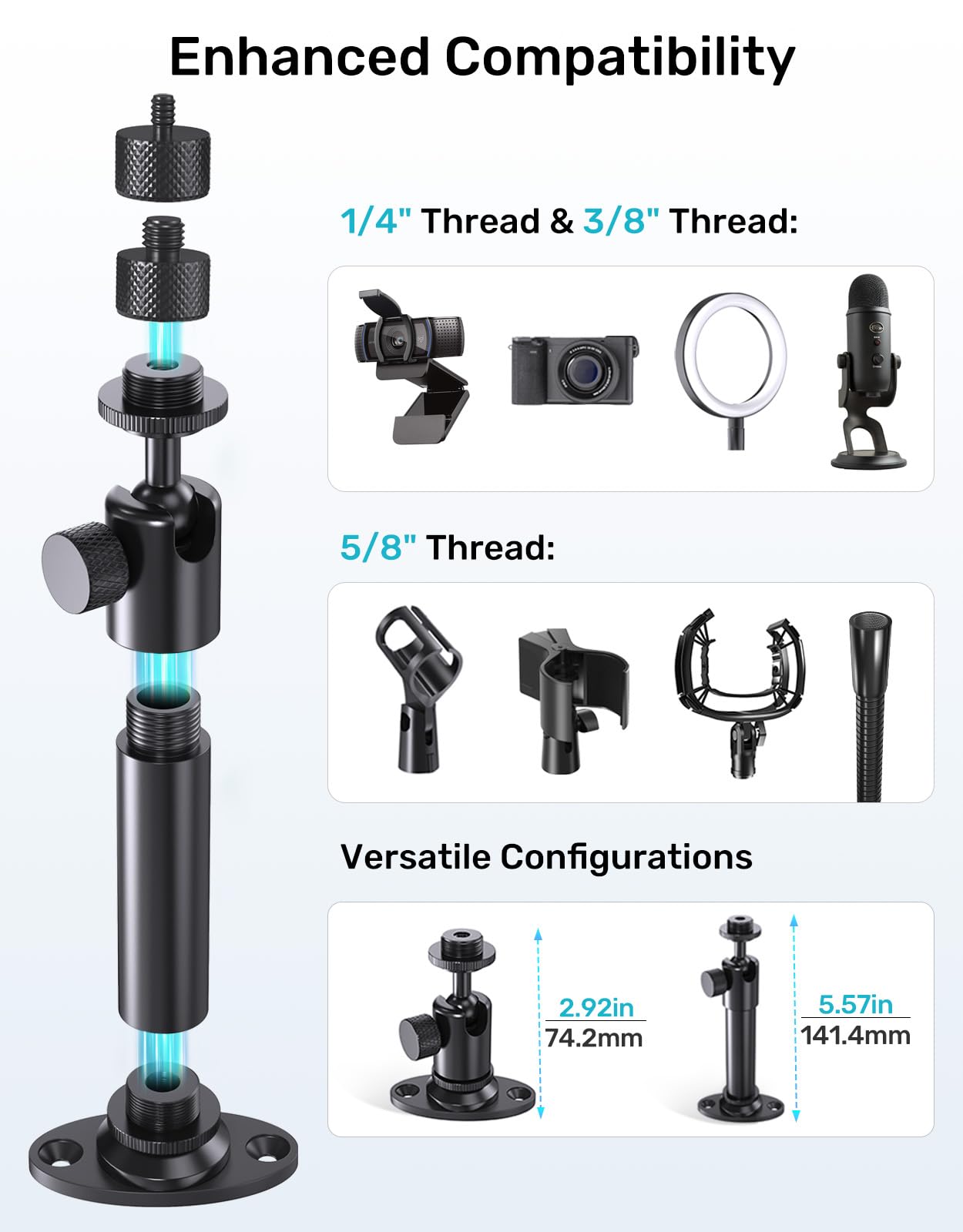 Mic Wall Mount Bracket with Ball Head, 180° & 360° Swivel, 5/8” Flange Base
