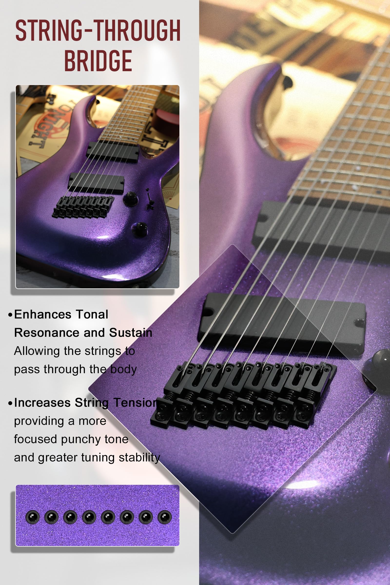 AKLOT Multi-Scale 7-String Electric Guitar: Roasted Maple Neck with String-Through Bridge Electric Guitars Kit with Okoume Body, HH Pickup, Gig Bag, Strap, Distortion Pedal, XRN-7 Yellow