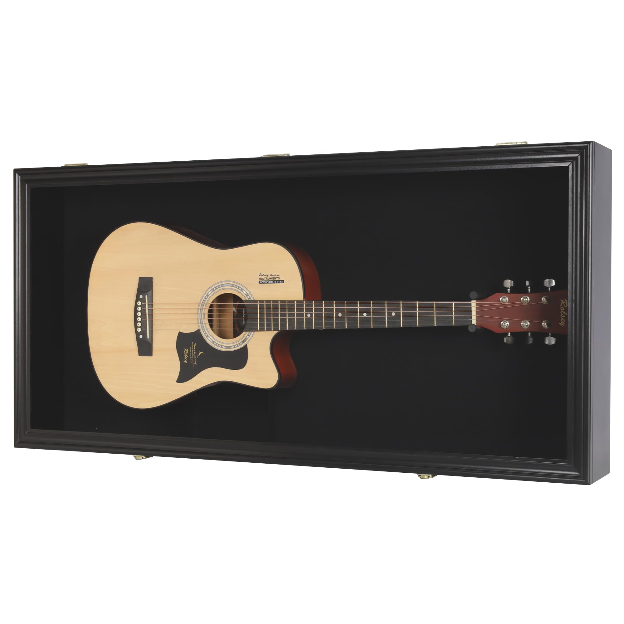 DisplayGifts 45″ Acoustic Guitar Display Case Cabinet Shadow Box with Guitar Hanger Stand, Lockable 98% UV Protection Black Felt Interior Black Finish Frame