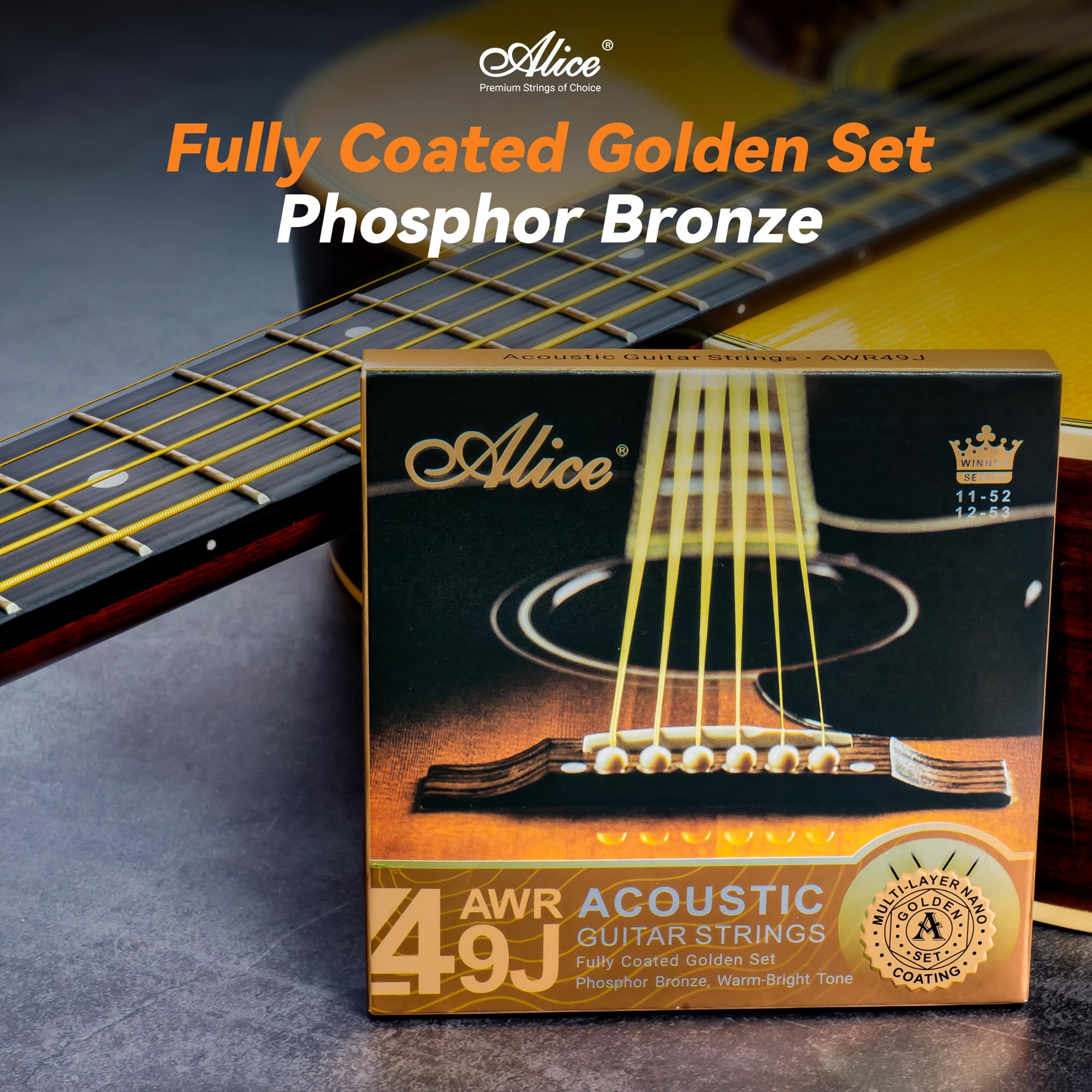 Alice Acoustic Guitar Strings 6 String Set | Designed for Professional Concerts | Multi-layer nano-coating | Fully Coated Golden | Phosphor bronze for Classic Warm and Bright tone | Super Light 1 Pack