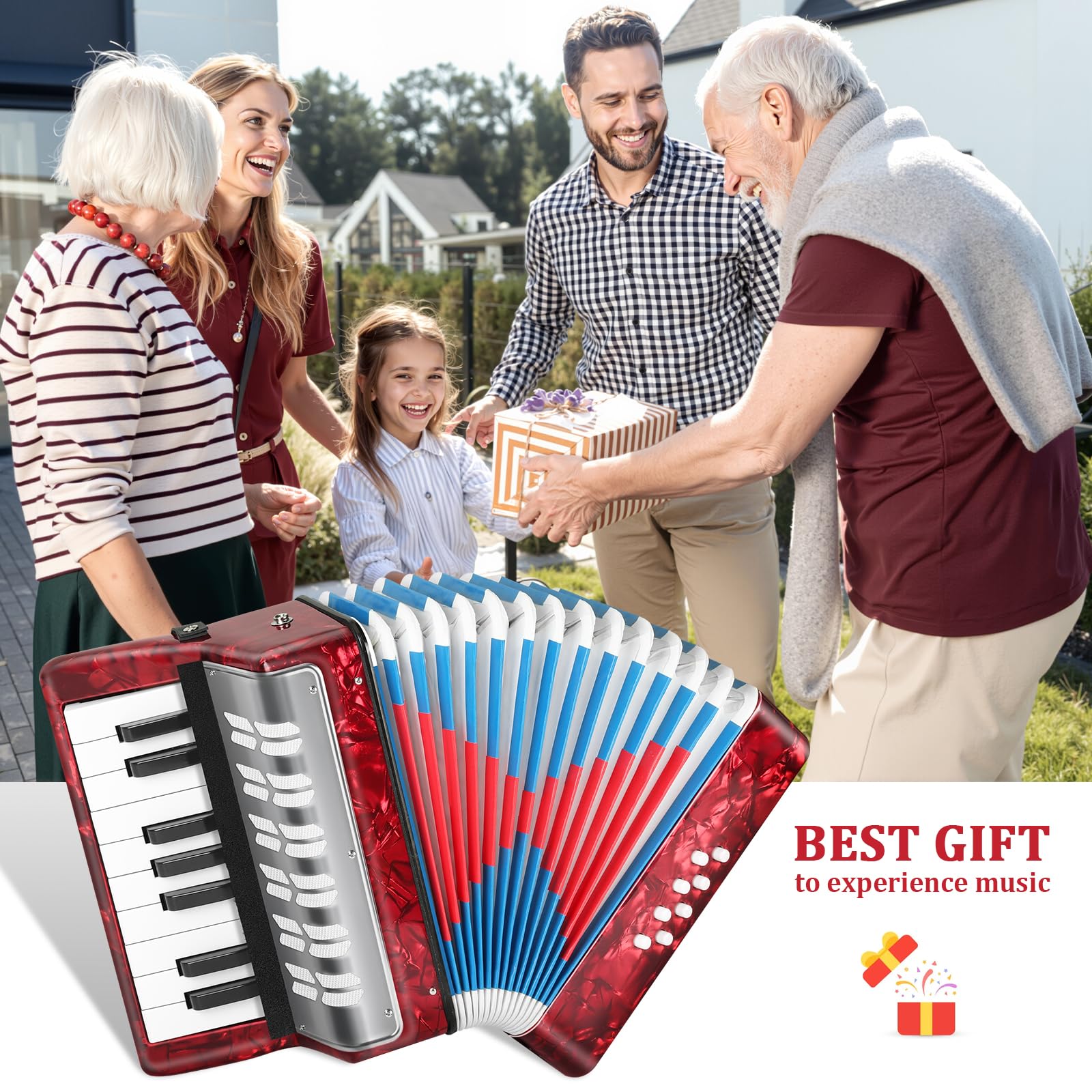 Lotkey 17 Key Piano Accordion, 8 Bass Kids Accordion, Celluloid Body, Metal Cover Accordions Louder Clearer Timbre Than Plastic, Lightweight Design for Children, Beginners to Practice (Red)