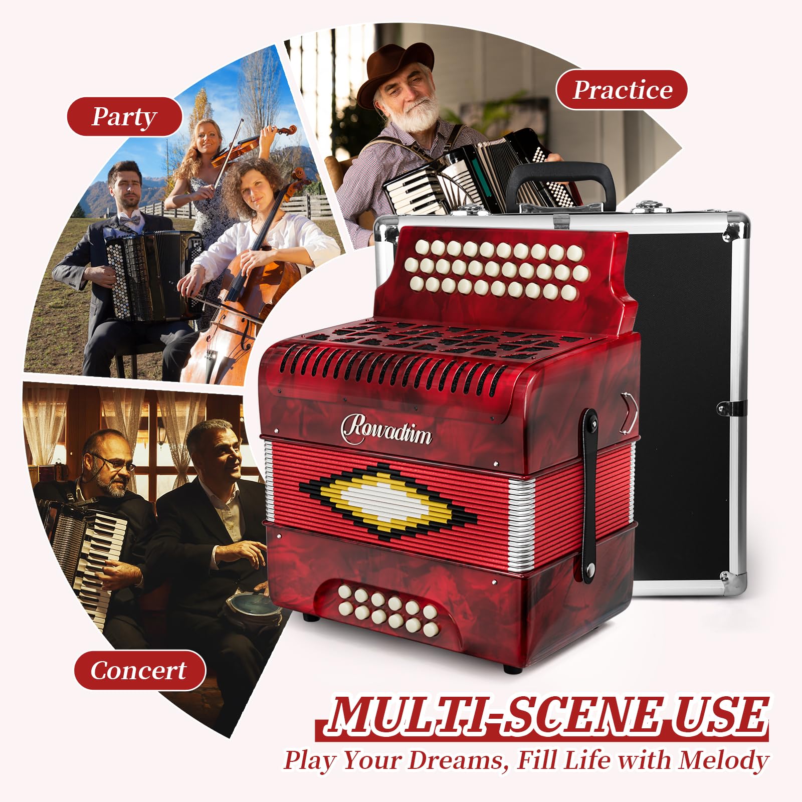 Accordions 31 Key 12 Bass Diatonic F/B/E Accordion Carry Kit (Red)