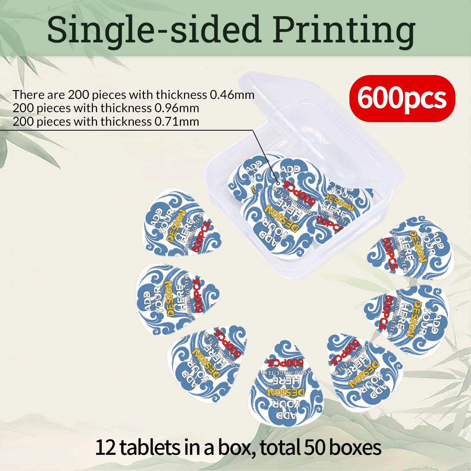 YZPPDHFC 600PCS Single 0.46-0.71-0.96mm Personalized Guitar Picks for Music Schools, Customized Guitar Picks Bulk with Logo, Guitars Accessories Gifts for Wedding Favors, Parties, Giveaways