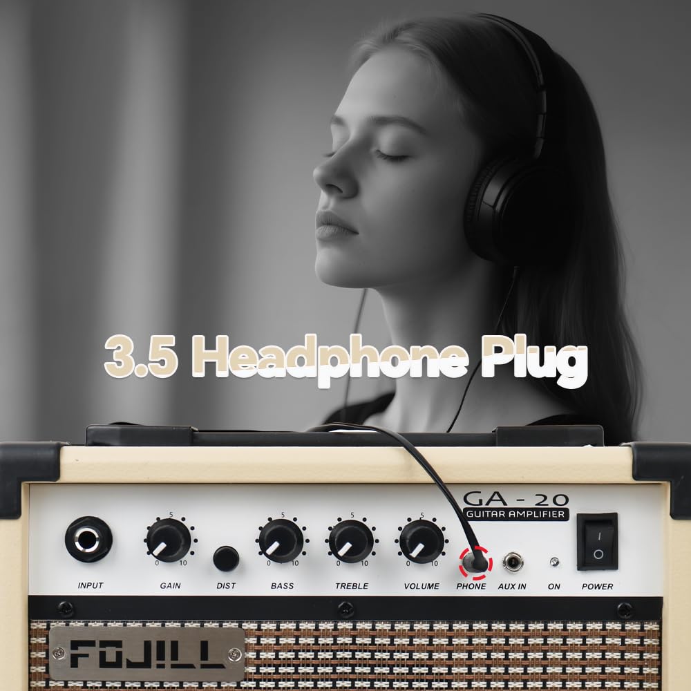 Fojill 20W Watt Electric Guitar Amplifier Amp Practice Small Portable Travel Mini Amp with 3.5 Headphone Jack Aux Distortion Gain Treble Bass Volume (Cream, 20W)